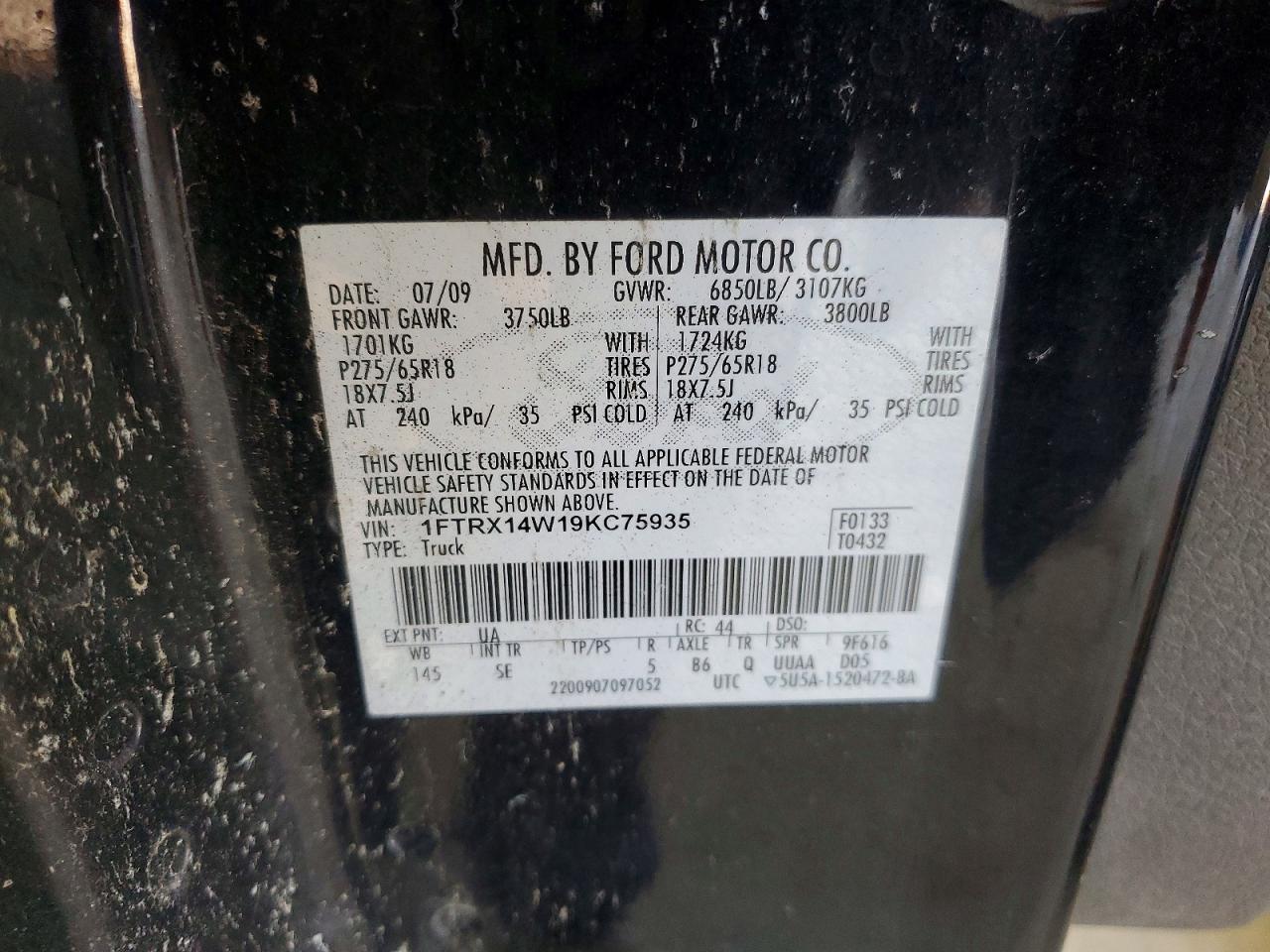 2009 Ford F150 Super Cab Black vin: 1FTRX14W19KC75935