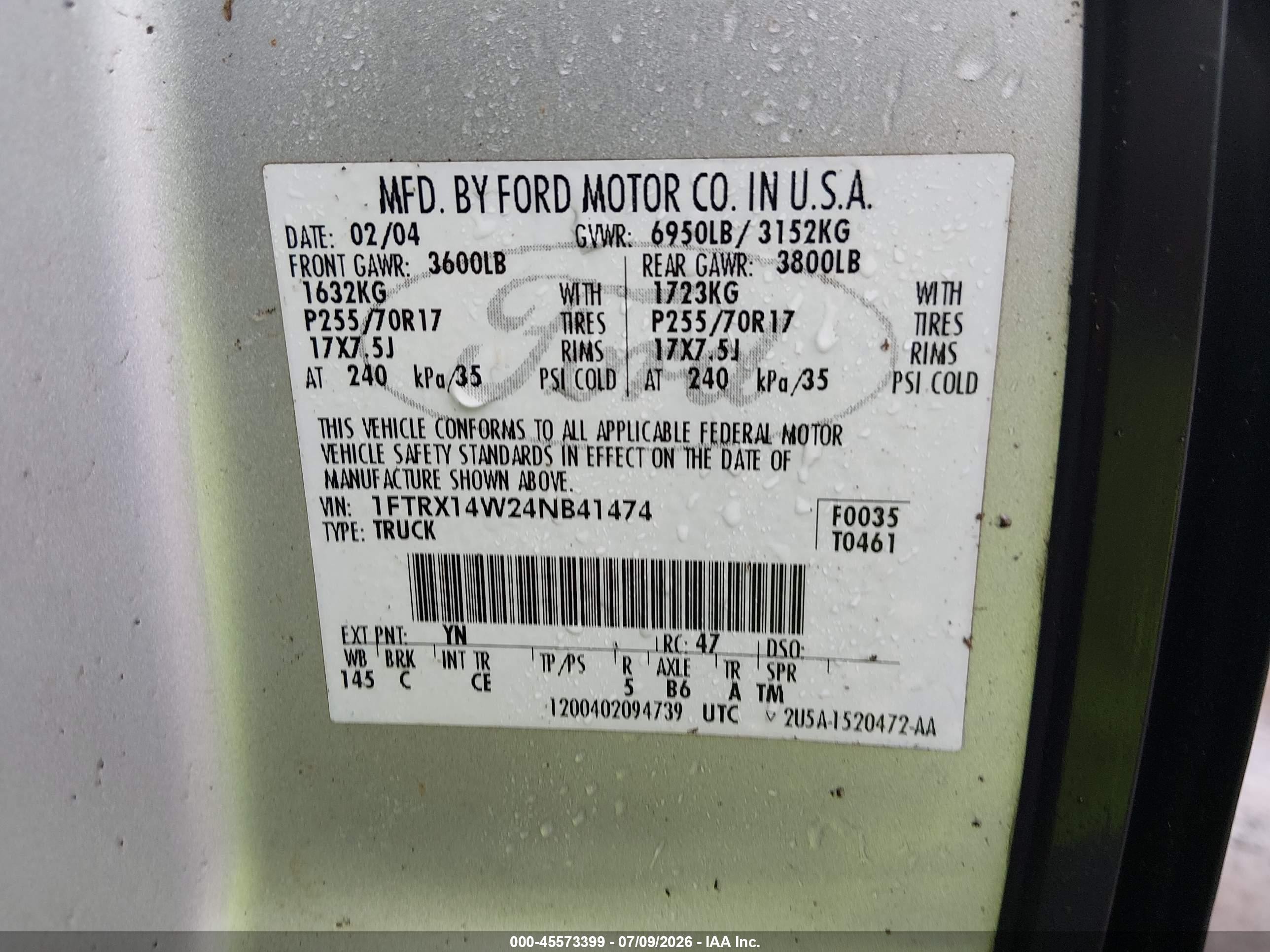 2004 Ford F-150 Stx/xl/xlt Серебряный vin: 1FTRX14W24NB41474