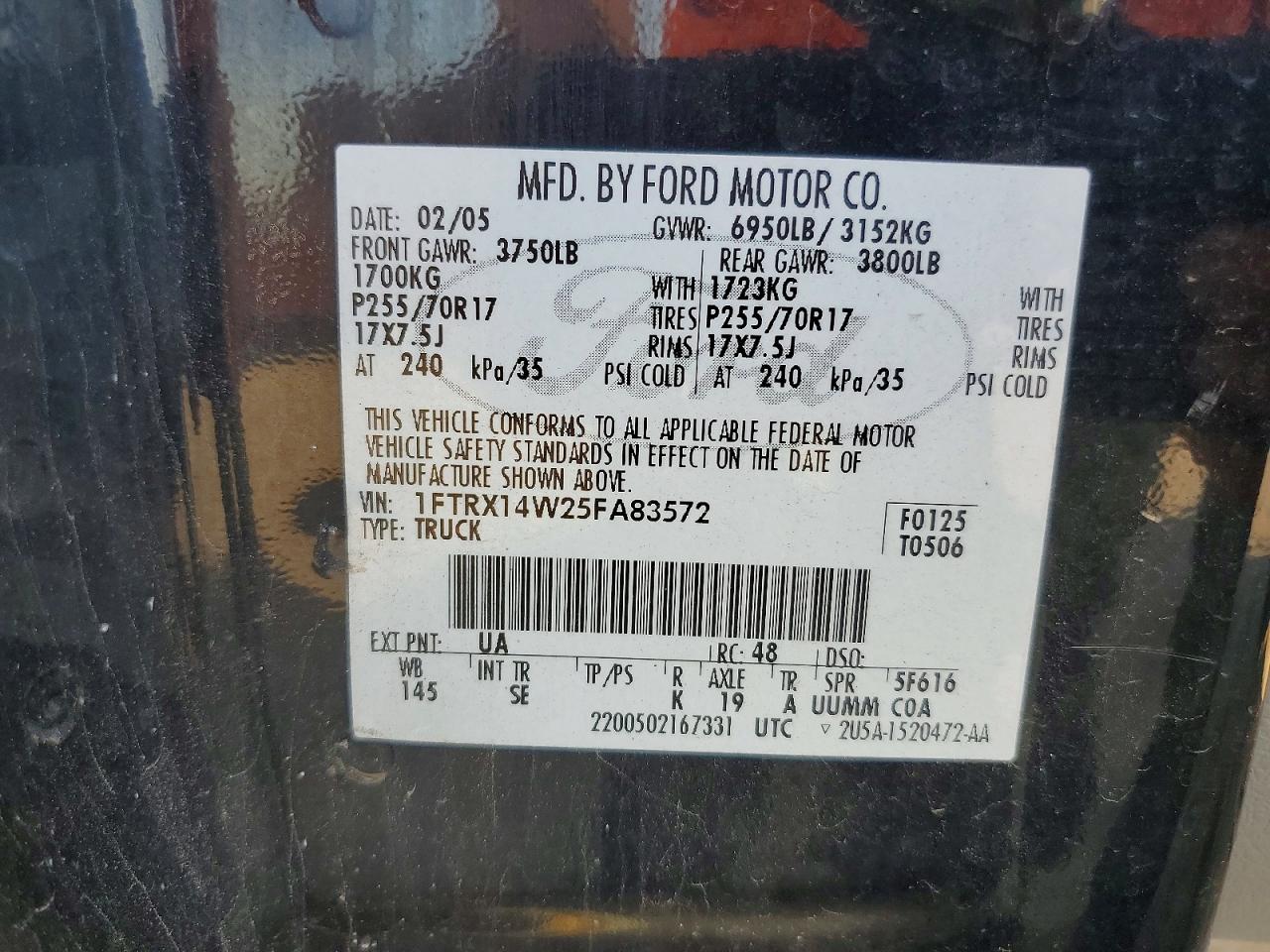 2005 Ford F150 Black vin: 1FTRX14W25FA83572