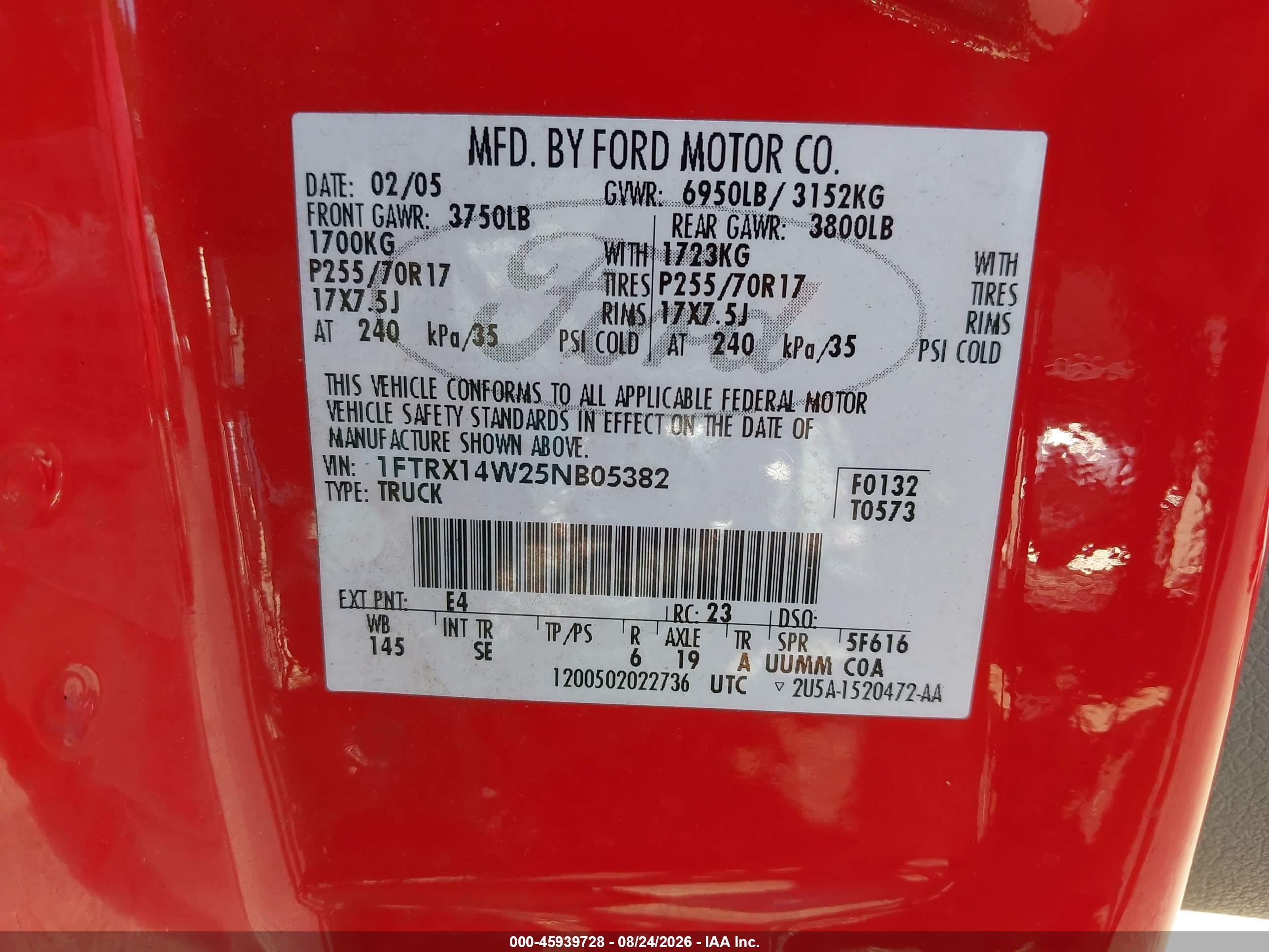 2005 Ford F-150 Stx/xl/xlt Red vin: 1FTRX14W25NB05382