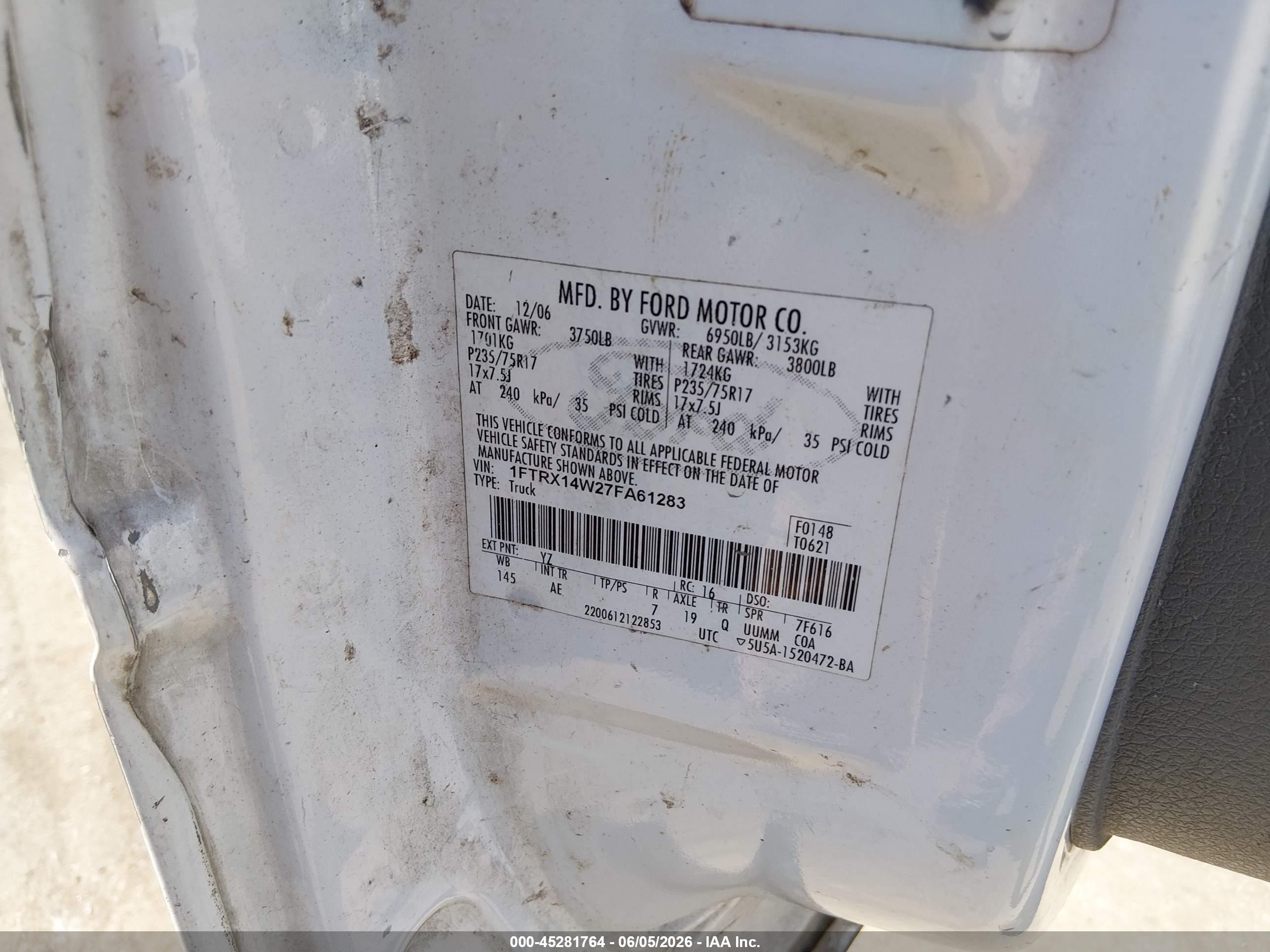 2007 Ford F-150 Fx4/stx/xl/xlt White vin: 1FTRX14W27FA61283