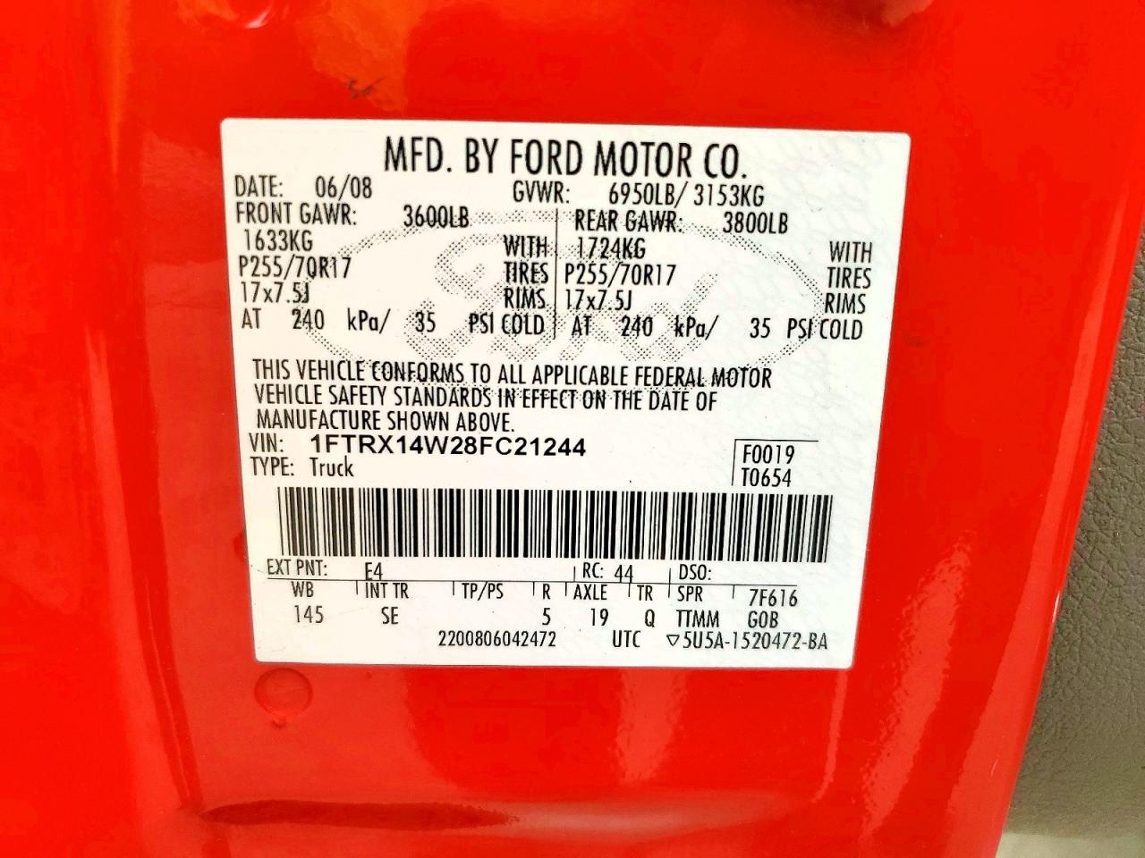2008 Ford F150 Red vin: 1FTRX14W28FC21244