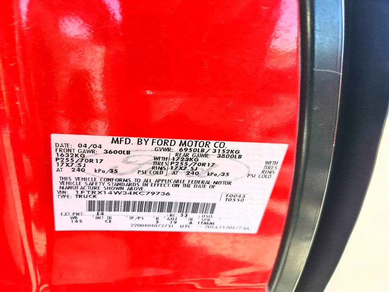2004 Ford F150 Red vin: 1FTRX14W34KC79736