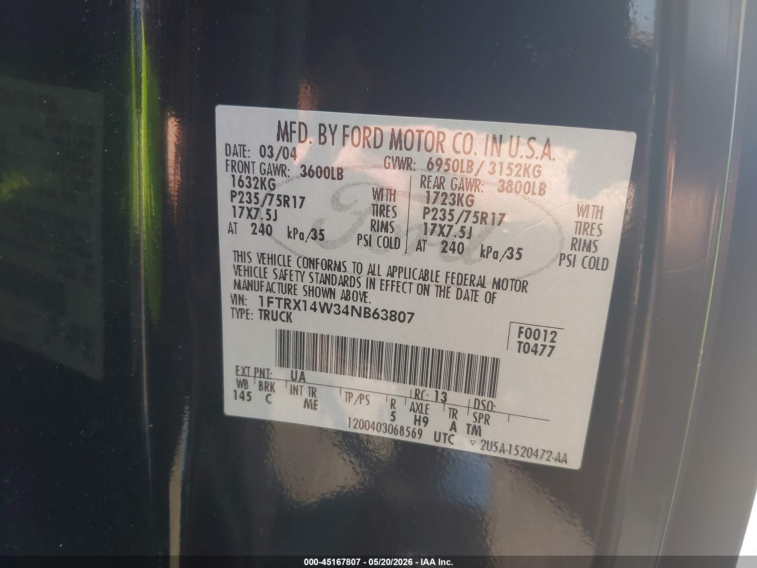 2004 Ford F-150 Stx/xl/xlt Black vin: 1FTRX14W34NB63807
