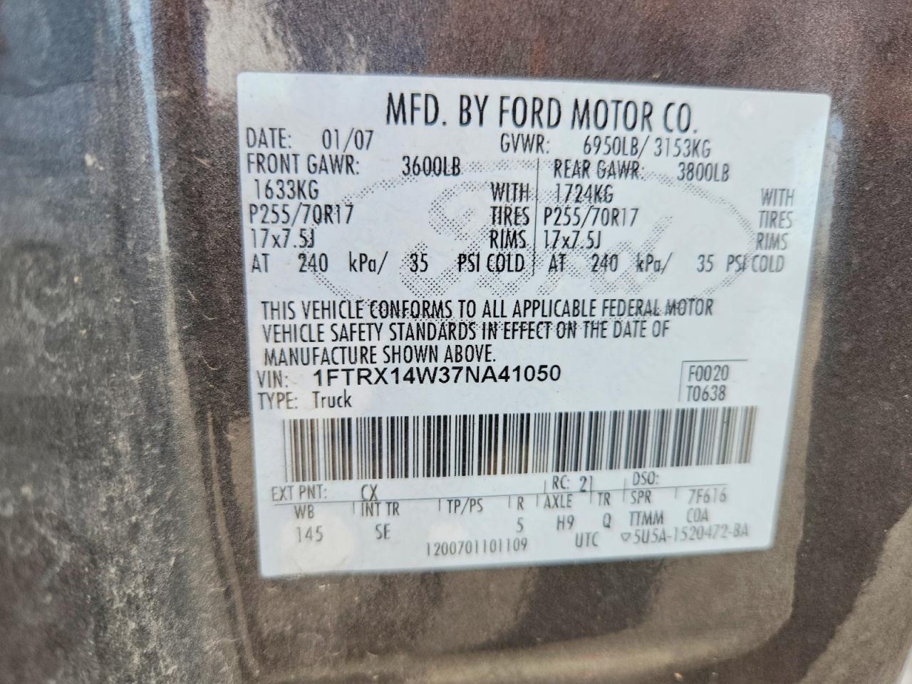 2007 Ford F150 Серый vin: 1FTRX14W37NA41050