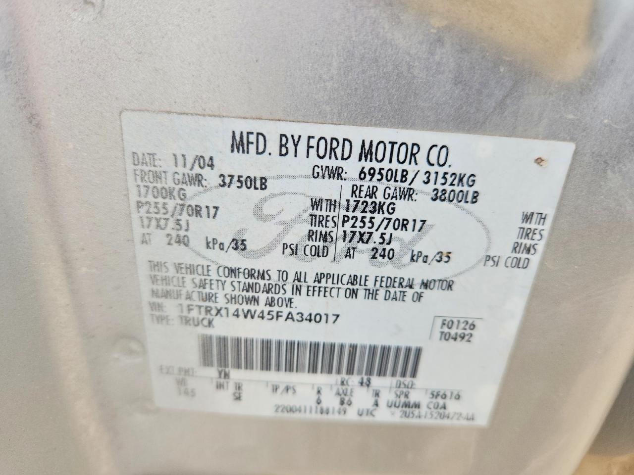 2005 Ford F150 Серебряный vin: 1FTRX14W45FA34017