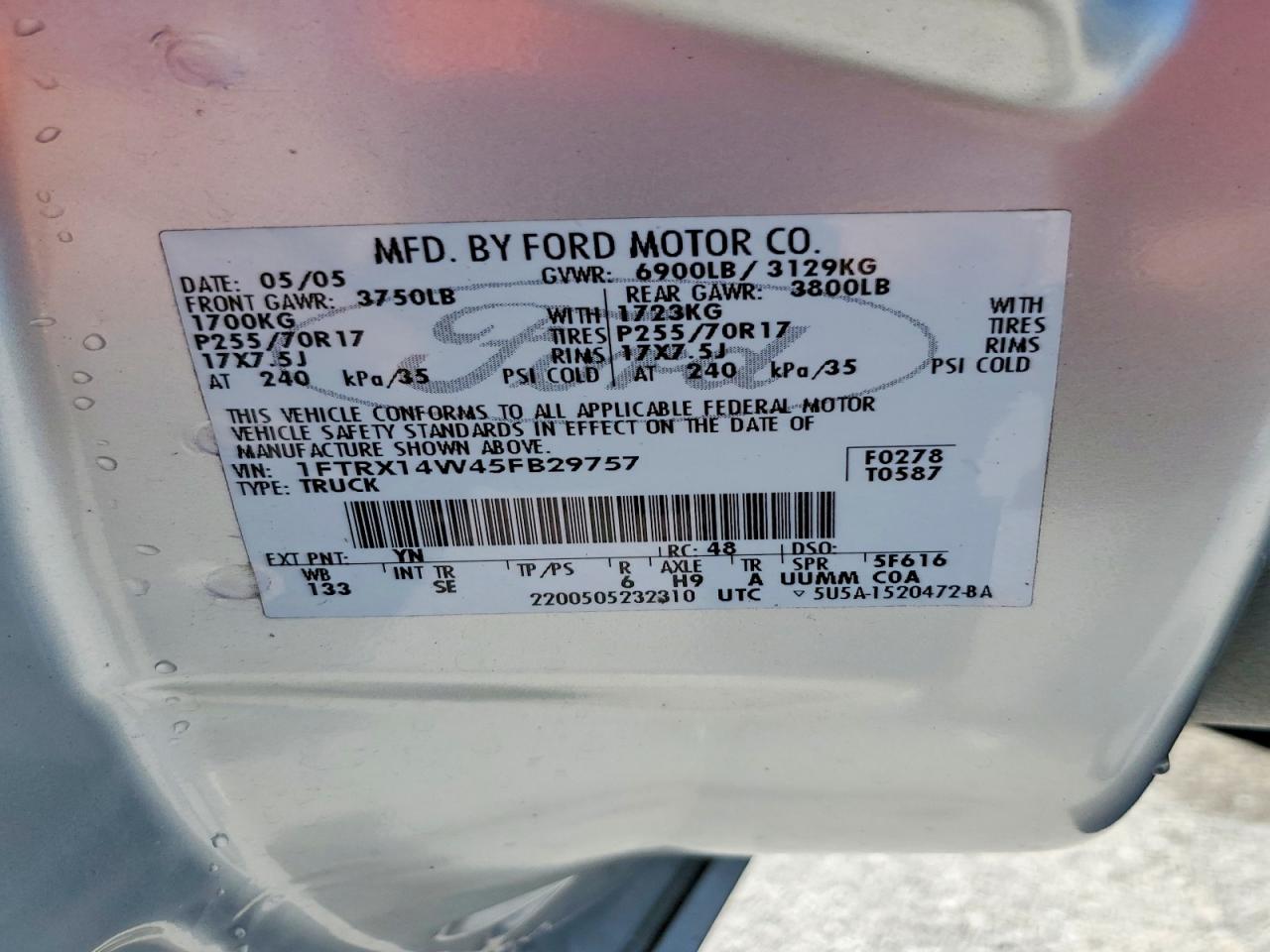 2005 Ford F150 Silver vin: 1FTRX14W45FB29757