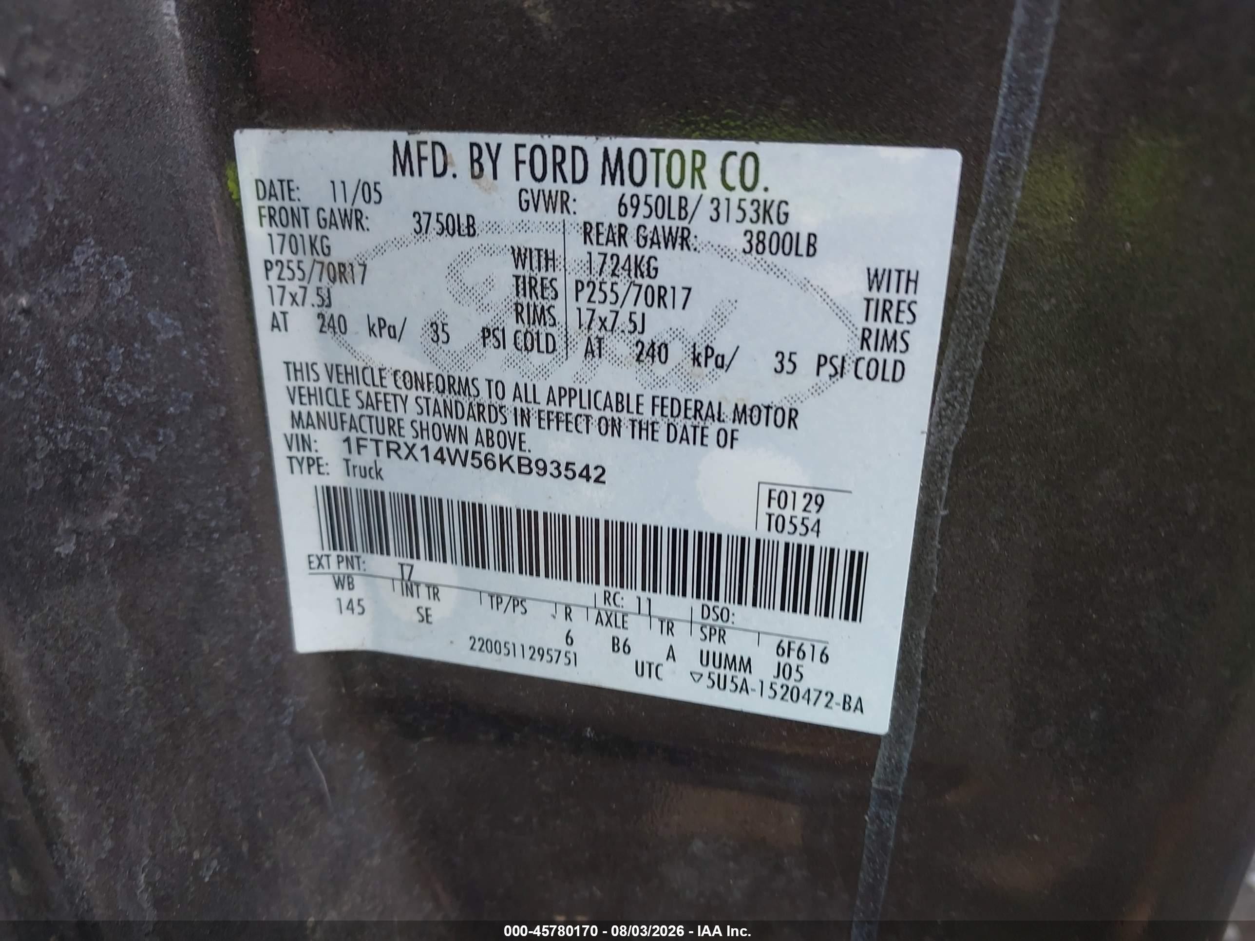 2006 Ford F-150 Stx/xl/xlt Dark Brown vin: 1FTRX14W56KB93542