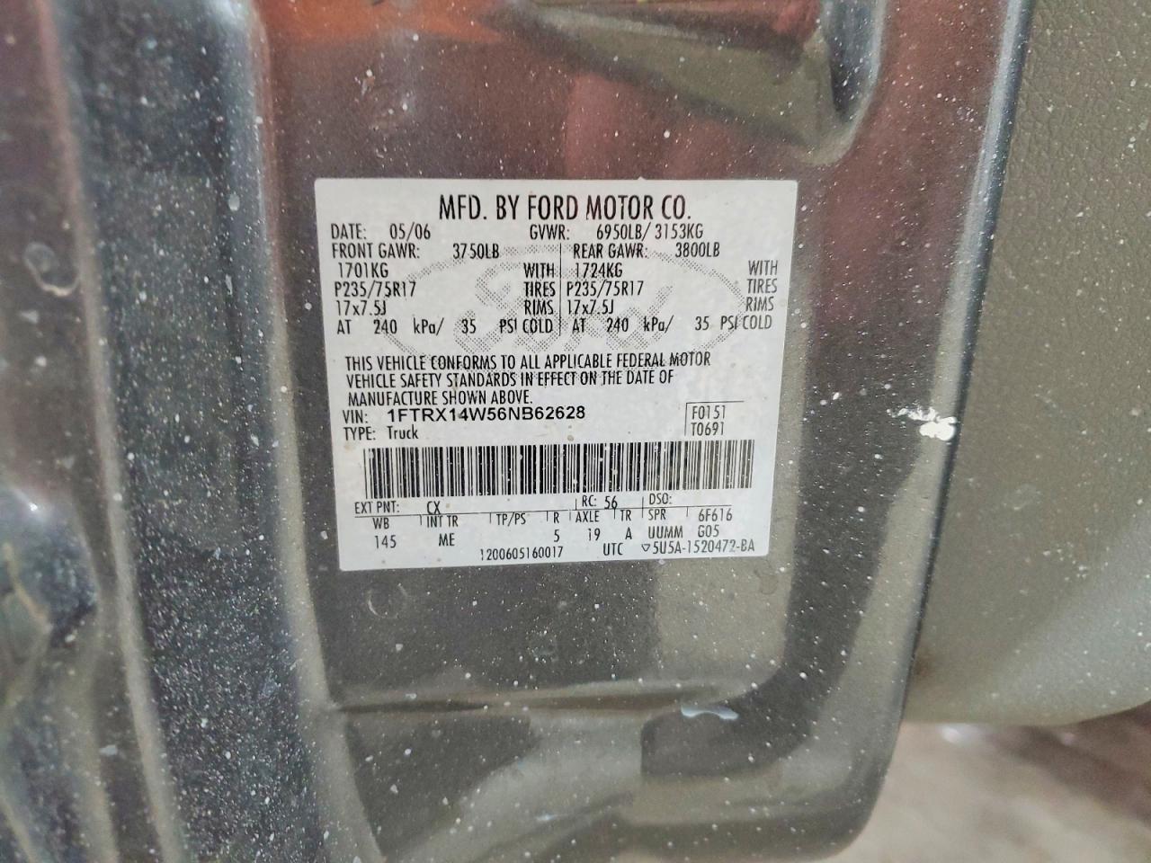 2006 Ford F150 Gray vin: 1FTRX14W56NB62628