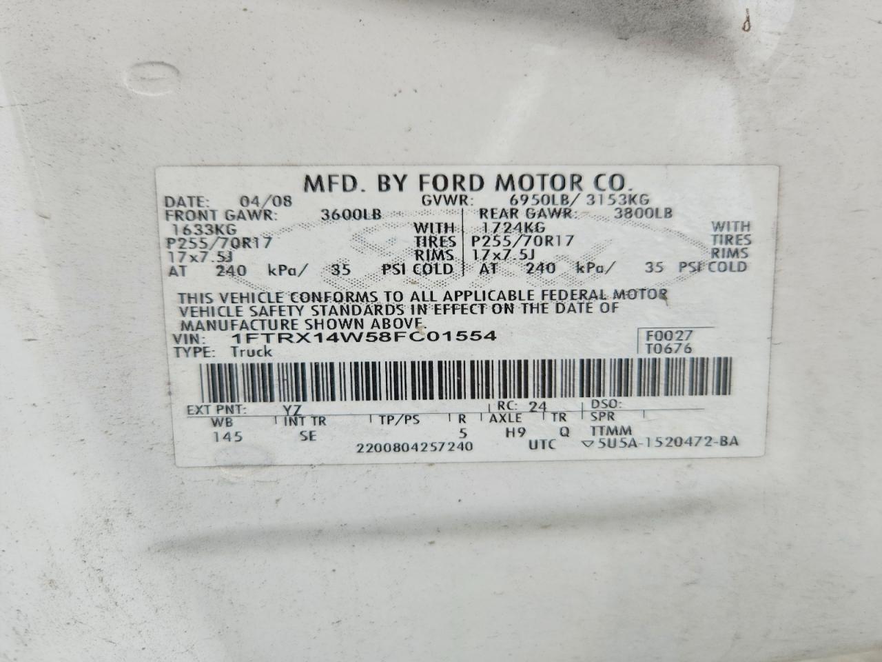 2008 Ford F150 White vin: 1FTRX14W58FC01554
