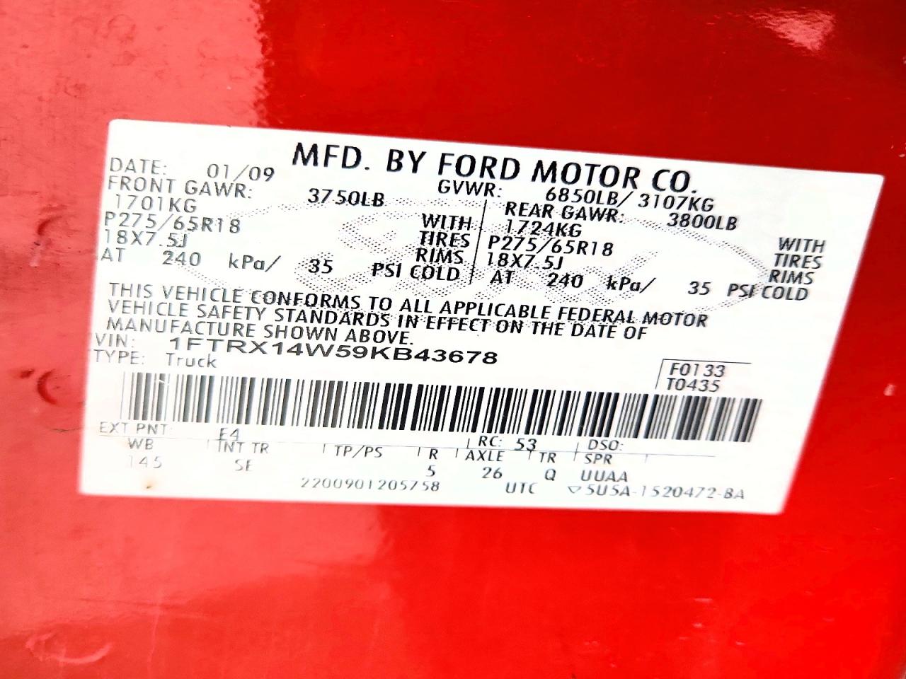 2009 Ford F150 Super Cab Red vin: 1FTRX14W59KB43678