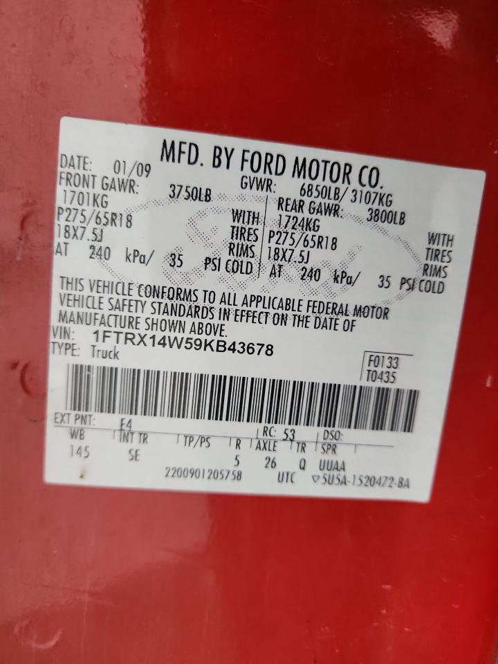 2009 Ford F150 Super Cab Red vin: 1FTRX14W59KB43678 Damage: Left Bed Side, Corrosion, Severe Damage