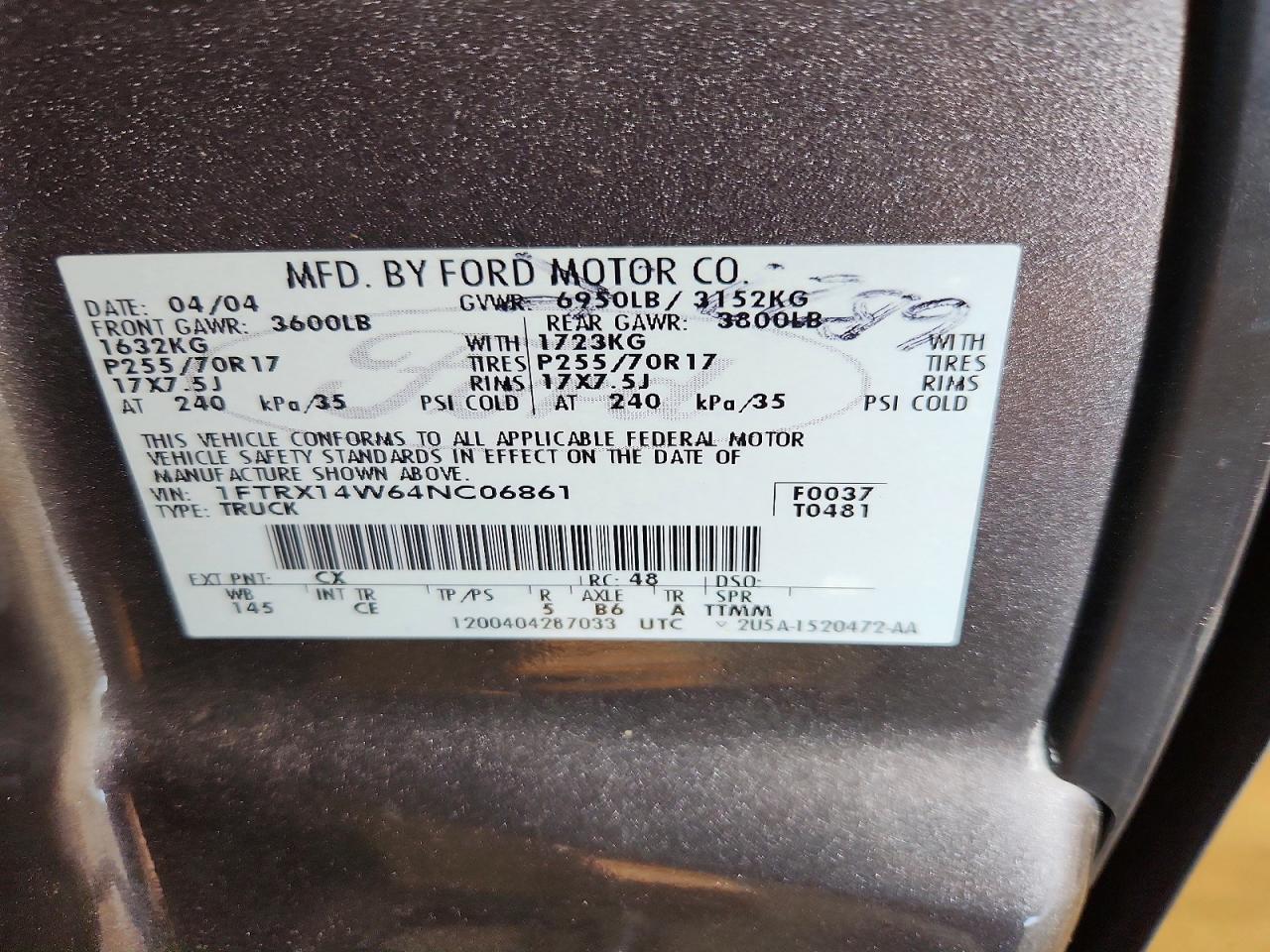 2004 Ford F150 Gray vin: 1FTRX14W64NC06861