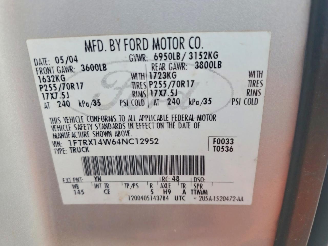 2004 Ford F150 Silver vin: 1FTRX14W64NC12952