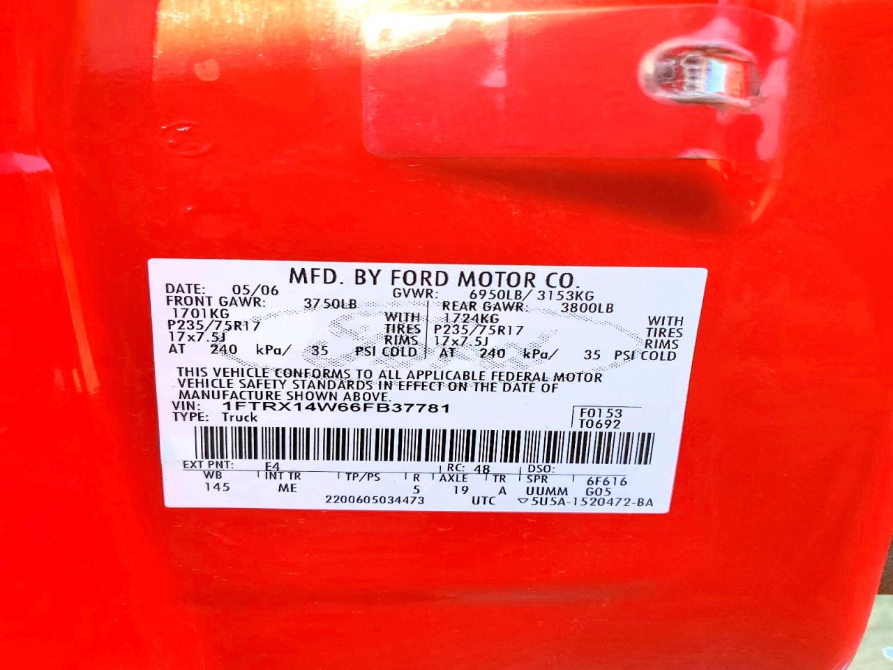 2006 Ford F150 Red vin: 1FTRX14W66FB37781