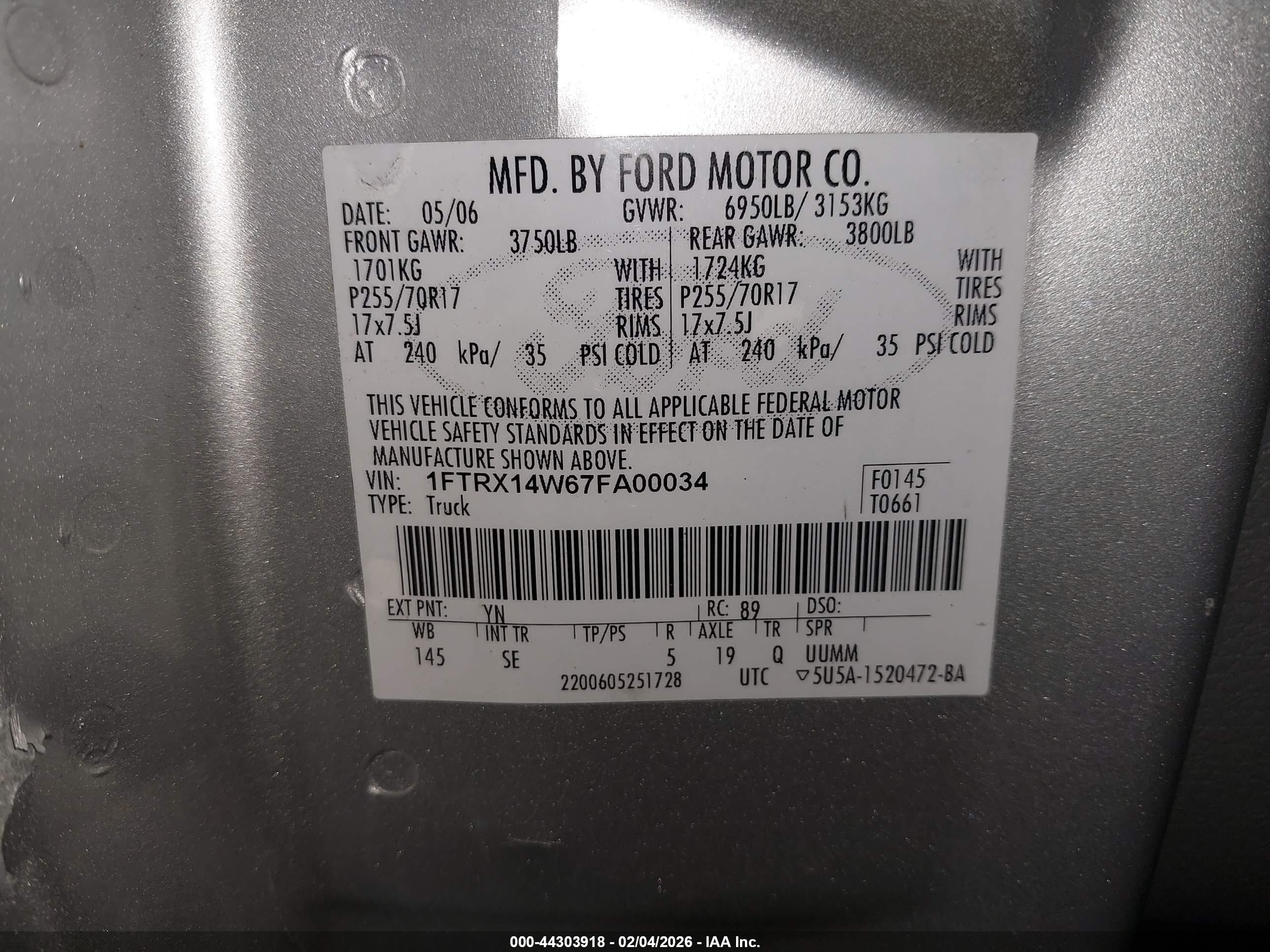 2007 Ford F-150 Fx4/stx/xl/xlt Silver vin: 1FTRX14W67FA00034