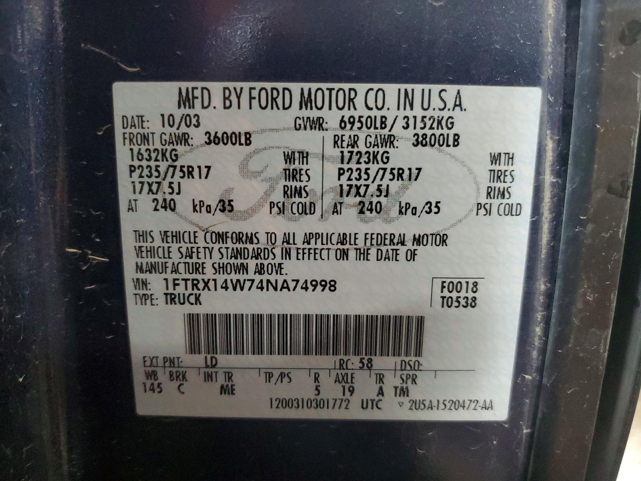 2004 Ford F150 Blue vin: 1FTRX14W74NA74998