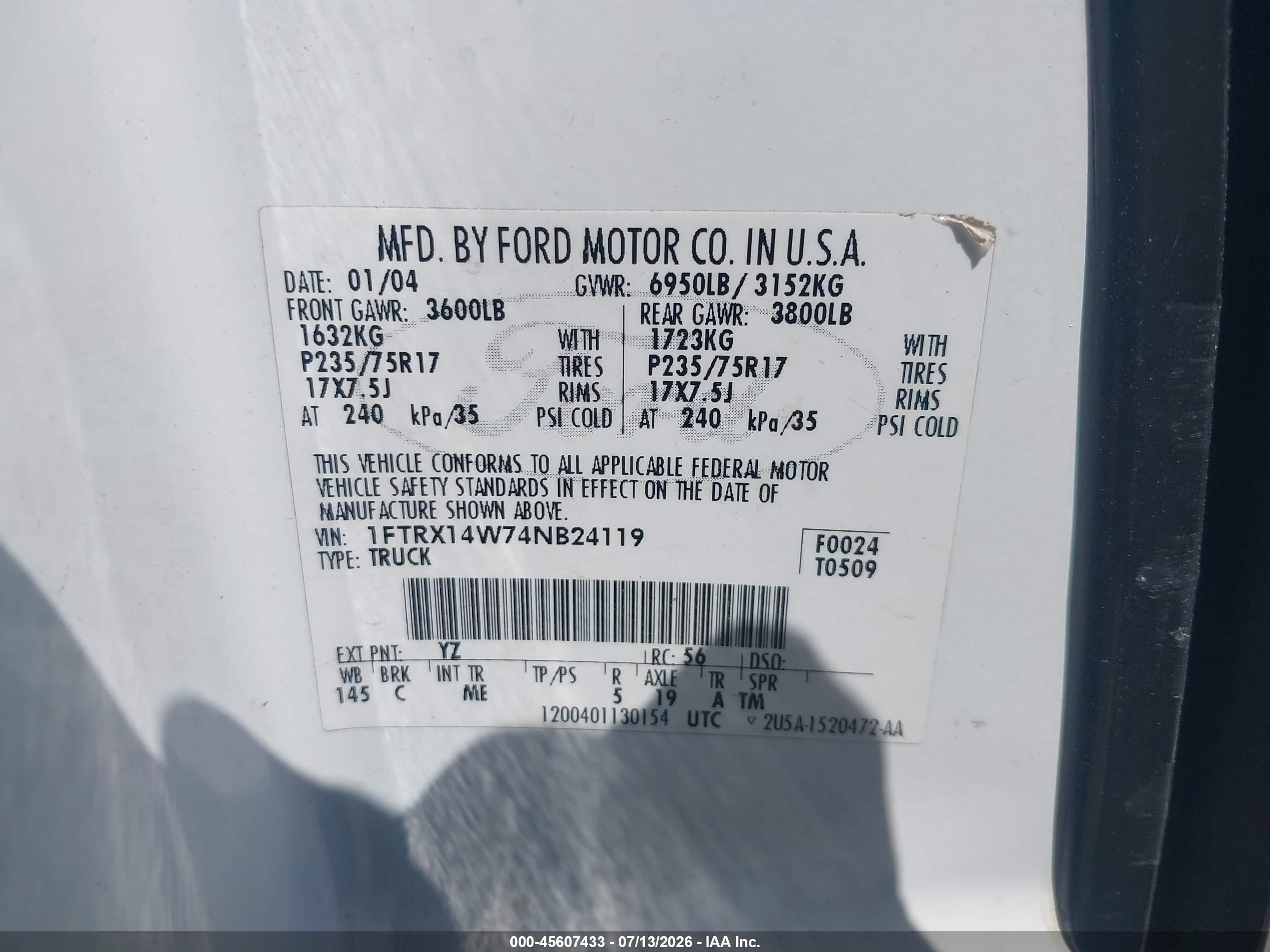 2004 Ford F-150 Stx/xl/xlt Белый vin: 1FTRX14W74NB24119