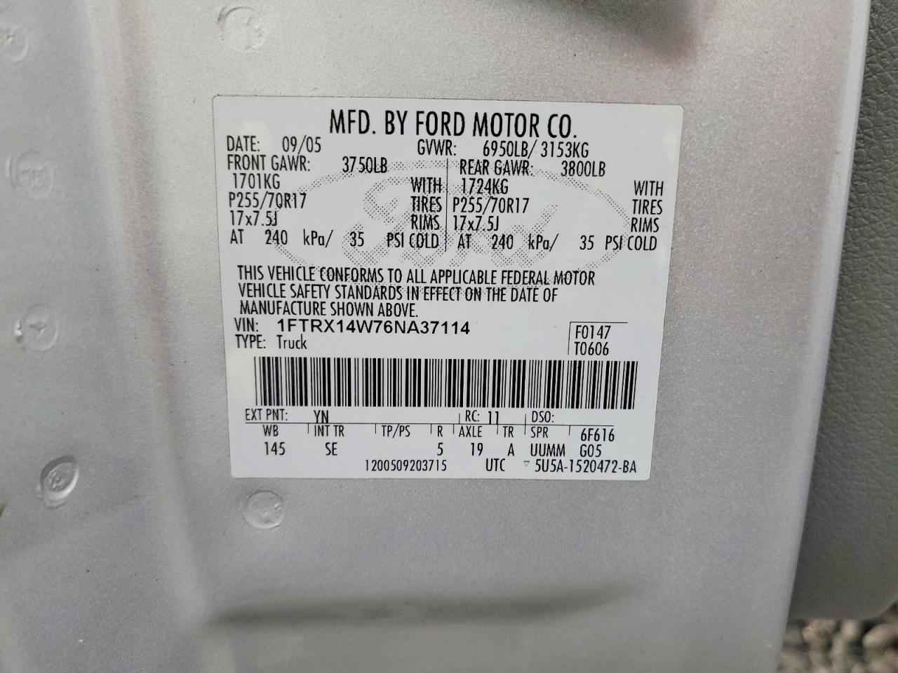2006 Ford F150 Silver vin: 1FTRX14W76NA37114