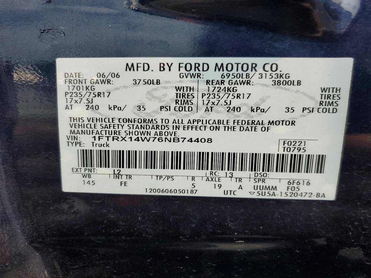 2006 Ford F150 Blue vin: 1FTRX14W76NB74408