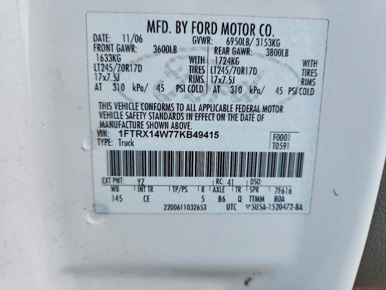 2007 Ford F150 Белый vin: 1FTRX14W77KB49415