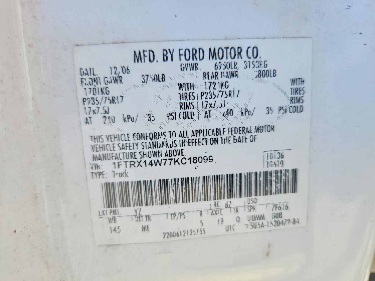 2007 Ford F150 White vin: 1FTRX14W77KC18099