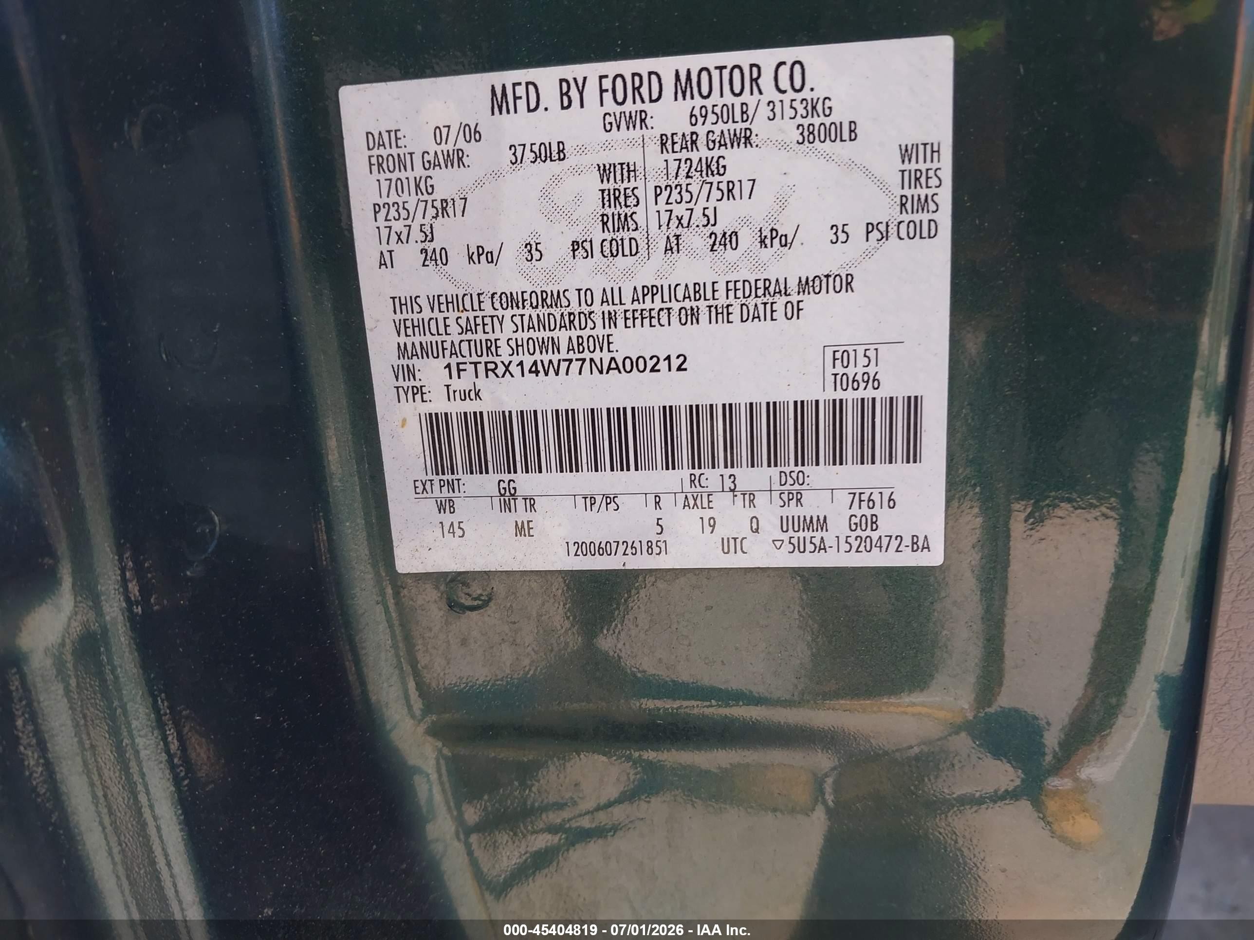 2007 Ford F-150 Fx4/stx/xl/xlt Green vin: 1FTRX14W77NA00212