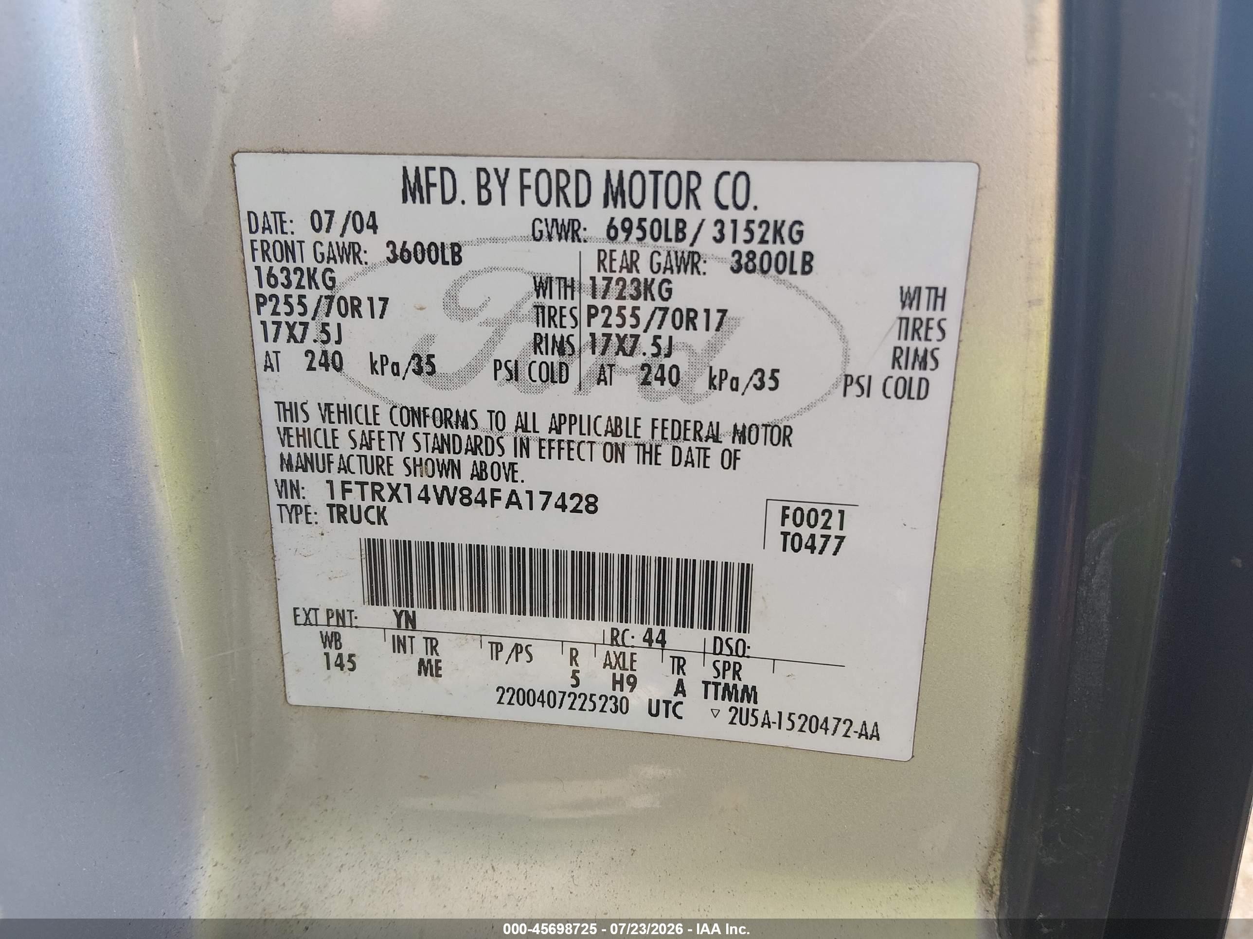2004 Ford F-150 Stx/xl/xlt Серебряный vin: 1FTRX14W84FA17428