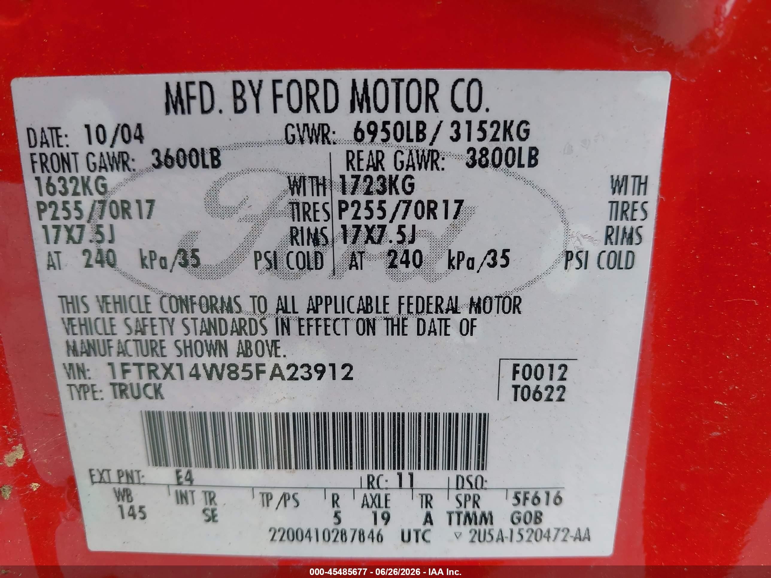 2005 Ford F-150 Stx/xl/xlt Red vin: 1FTRX14W85FA23912