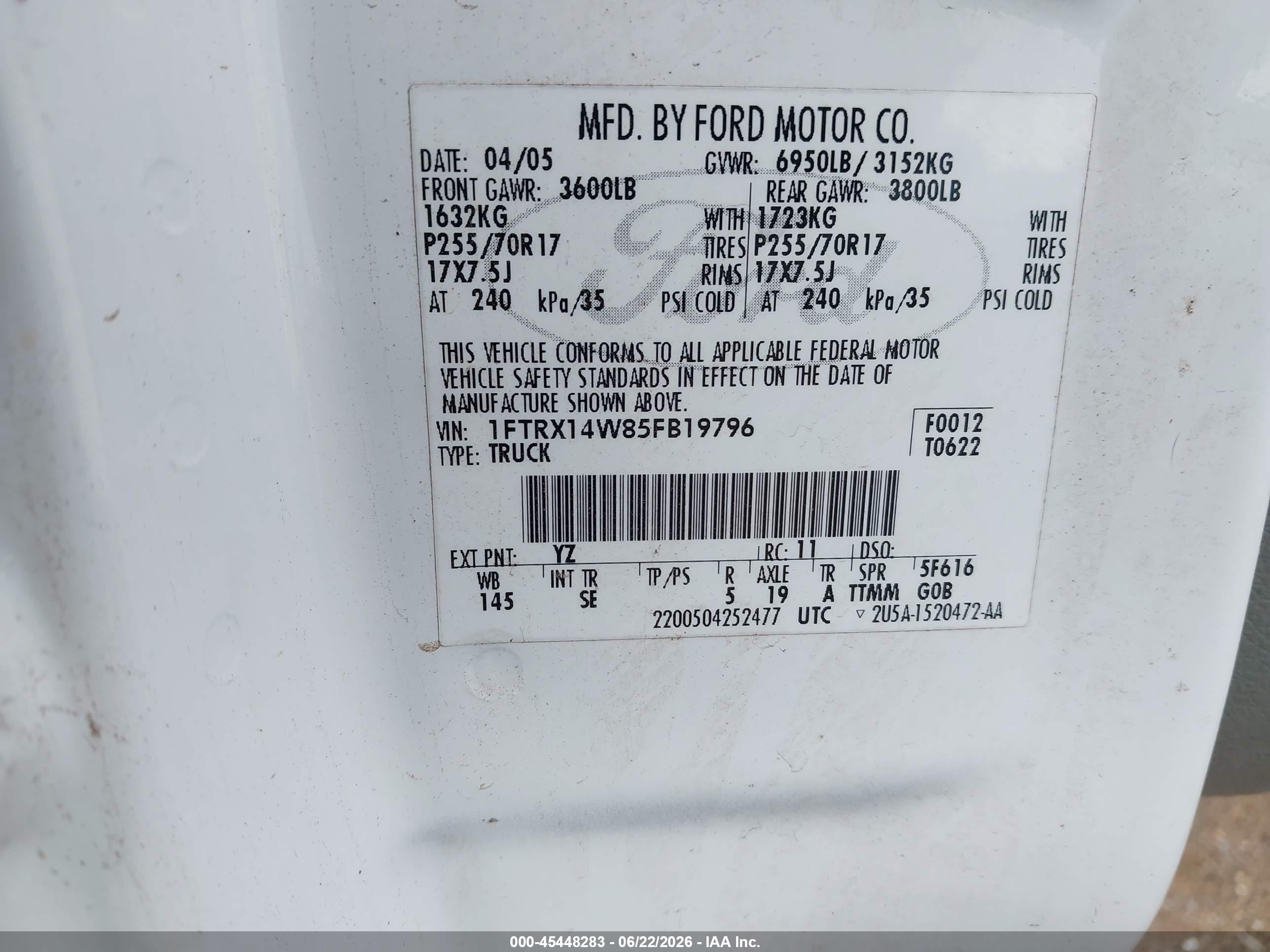 2005 Ford F-150 Stx/xl/xlt White vin: 1FTRX14W85FB19796