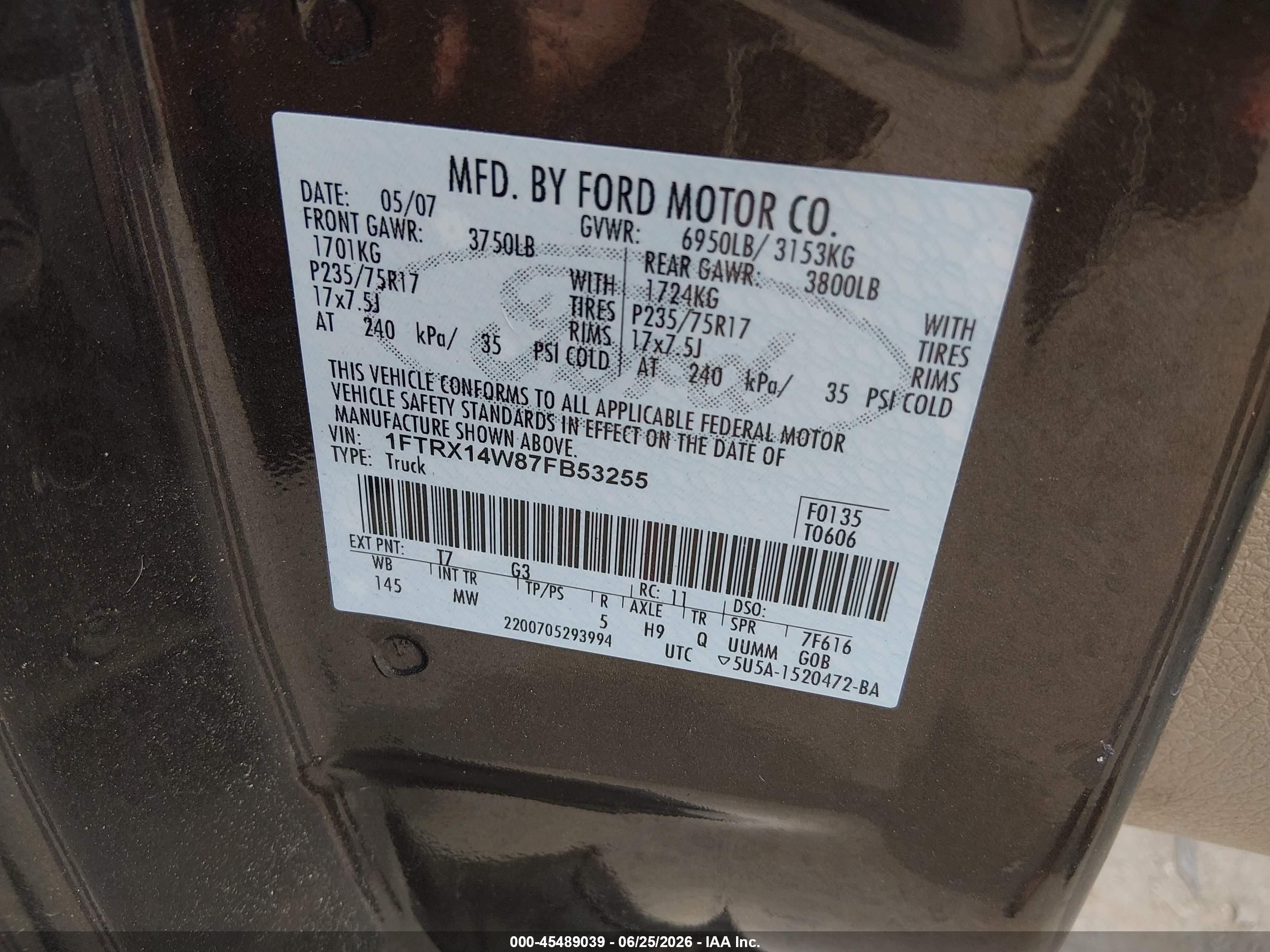 2007 Ford F-150 Fx4/stx/xl/xlt Gray vin: 1FTRX14W87FB53255