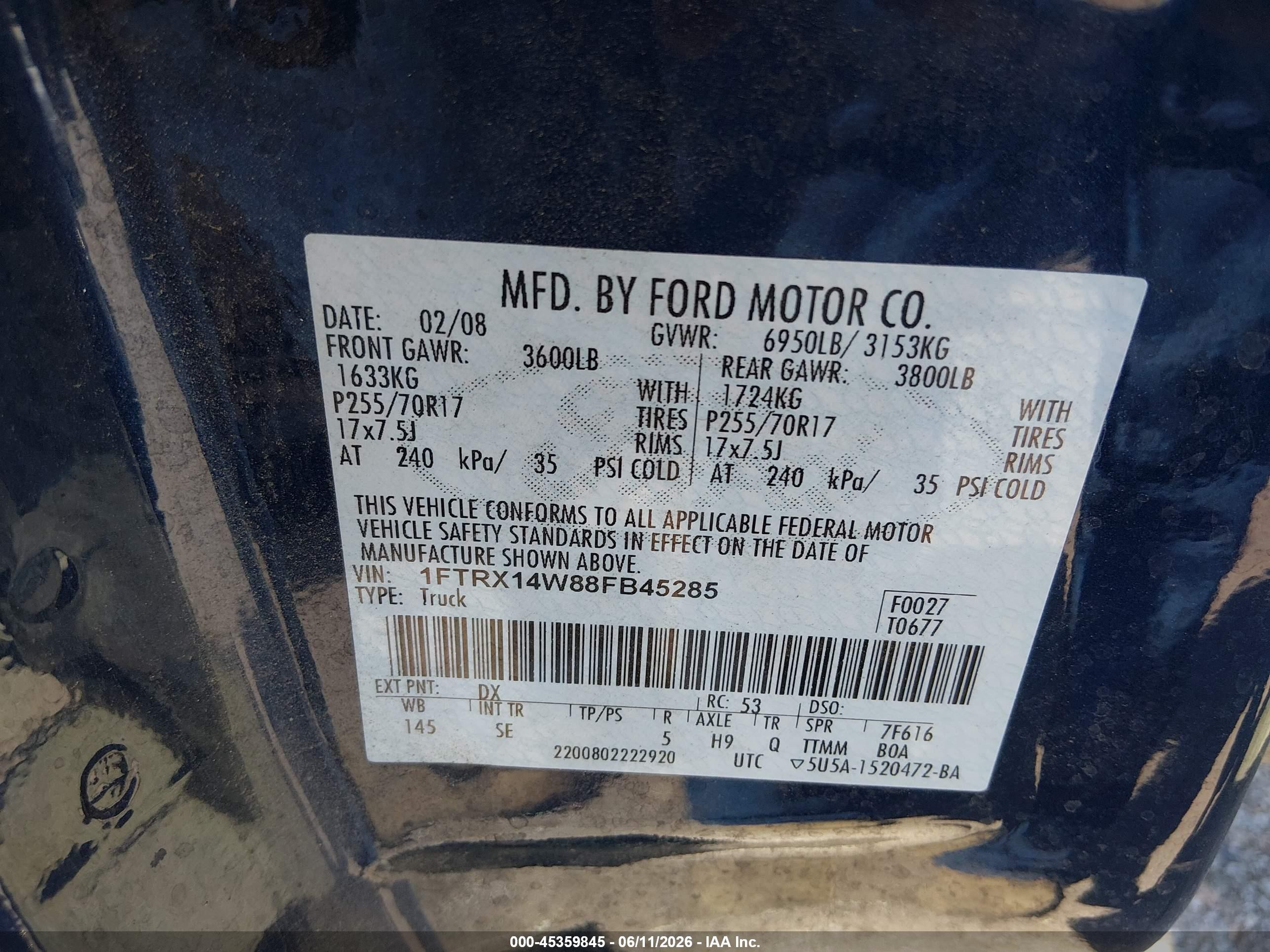 2008 Ford F-150 60th Anniversary/stx/xl/xlt Blue vin: 1FTRX14W88FB45285