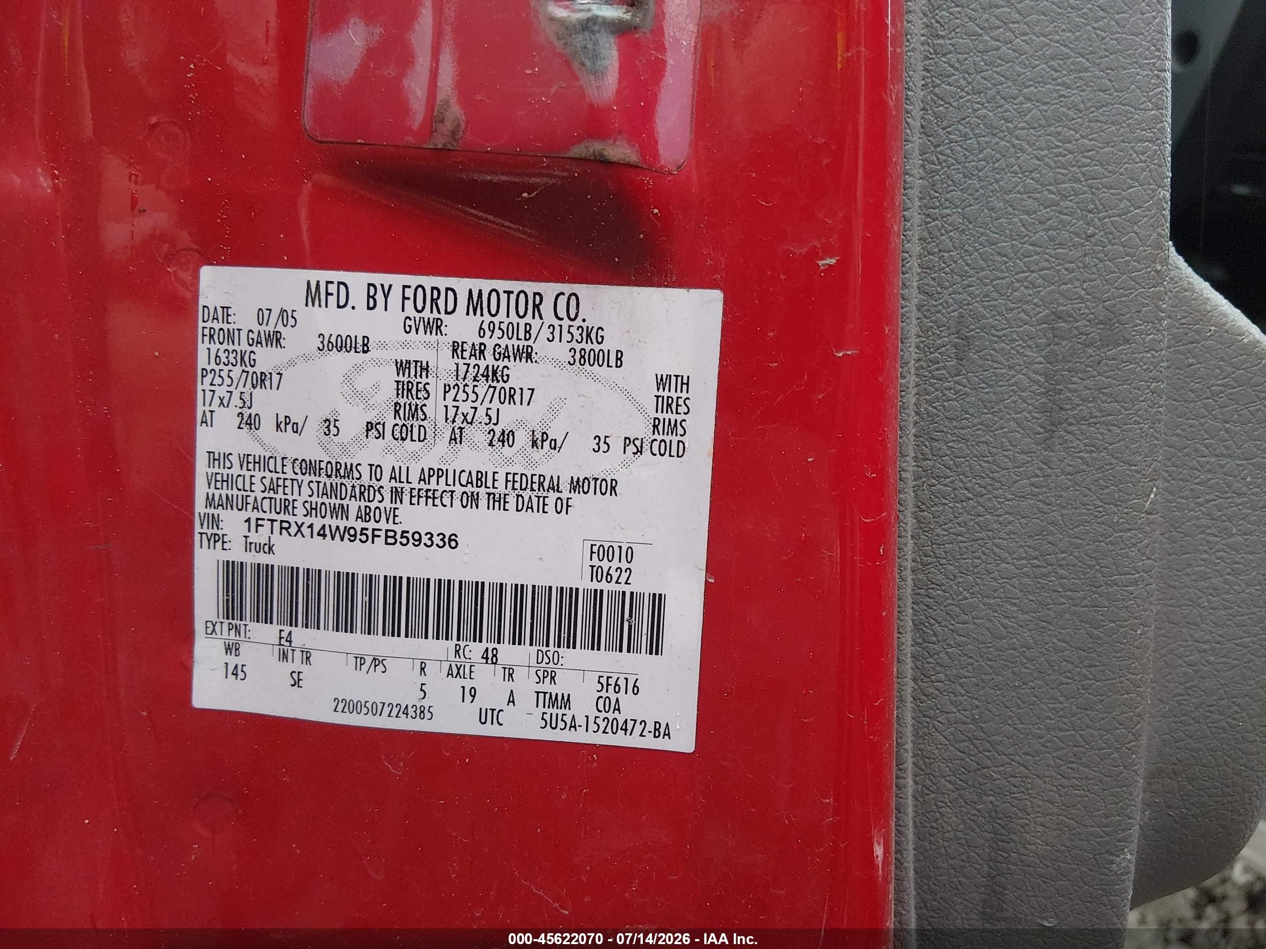 2005 Ford F-150 Stx/xl/xlt Red vin: 1FTRX14W95FB59336