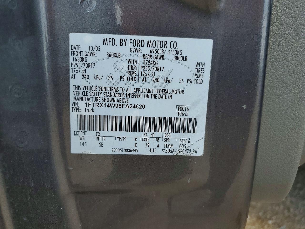 2006 Ford F150 Gray vin: 1FTRX14W96FA24620