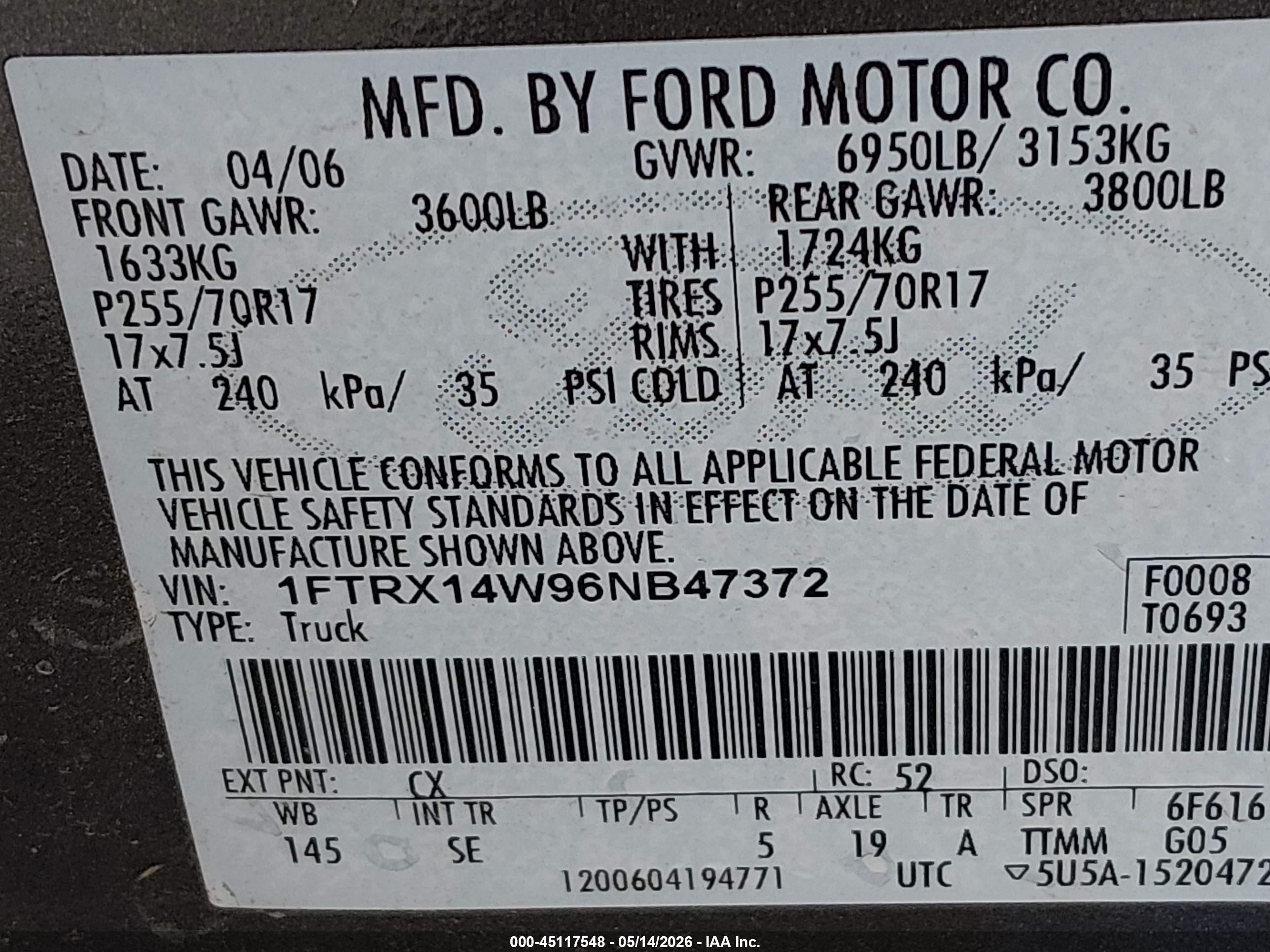 2006 Ford F-150 Stx/xl/xlt Gray vin: 1FTRX14W96NB47372