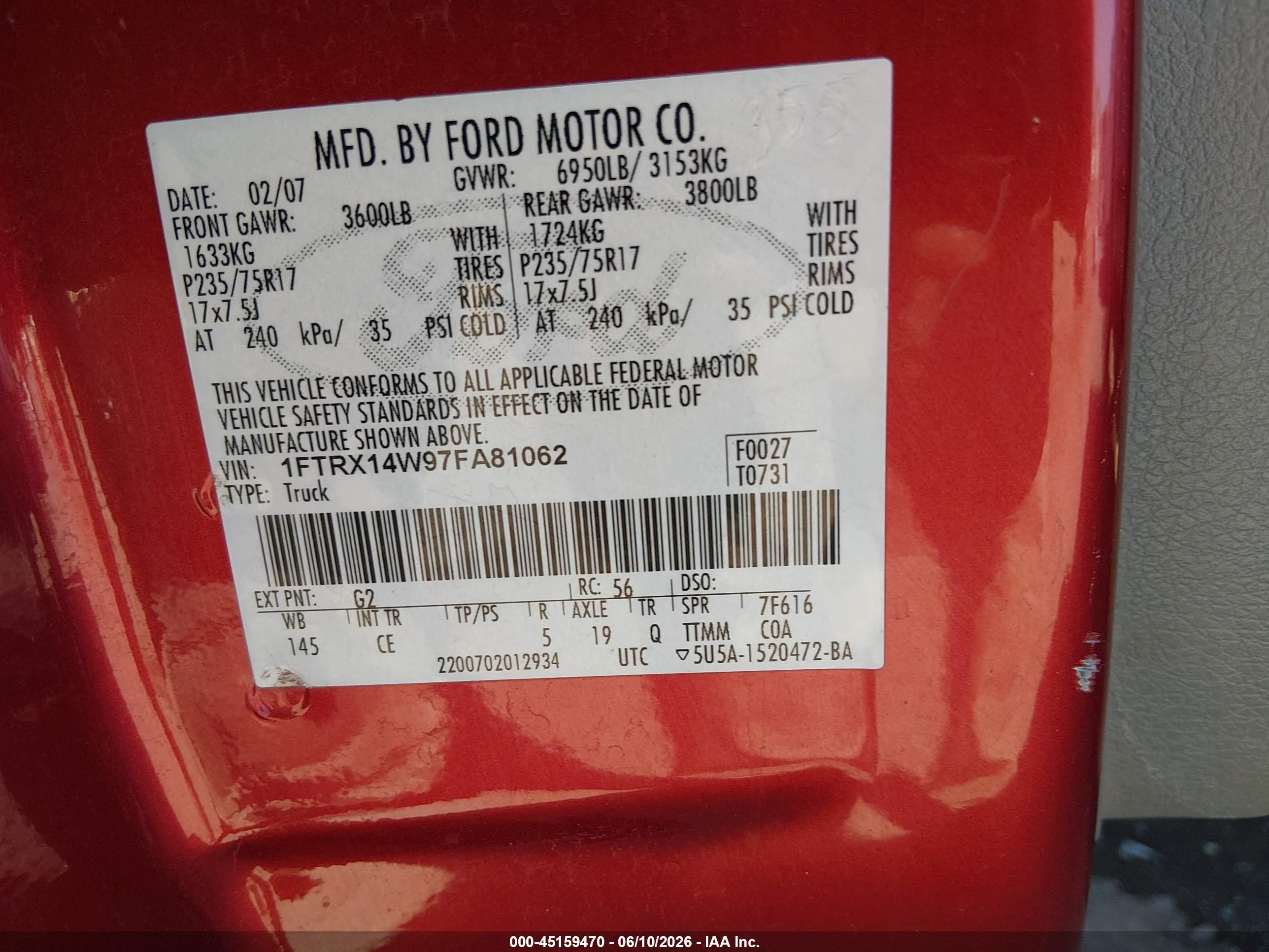 2007 Ford F-150 Fx4/stx/xl/xlt Red vin: 1FTRX14W97FA81062