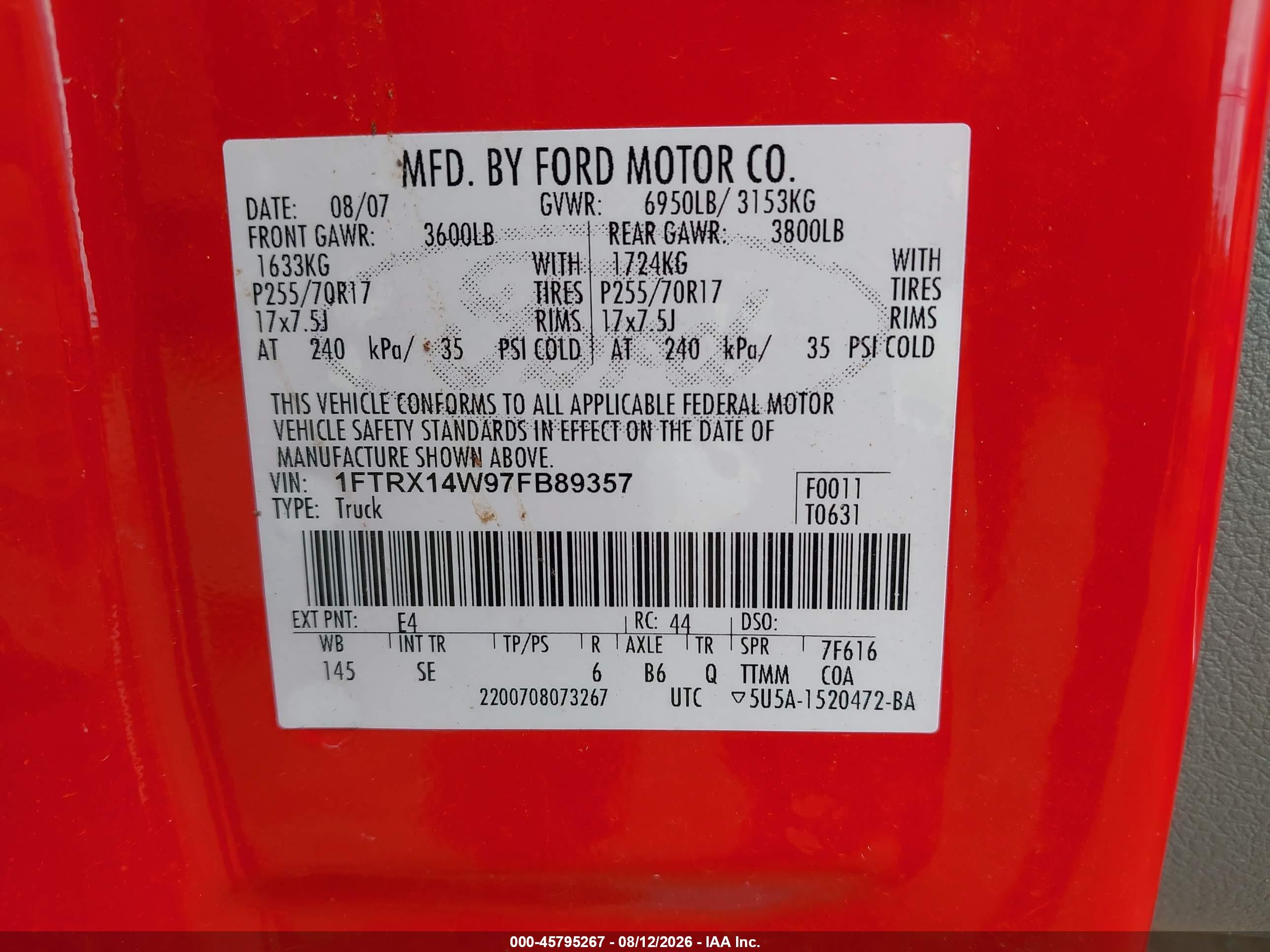 2007 Ford F-150 Fx4/stx/xl/xlt Red vin: 1FTRX14W97FB89357