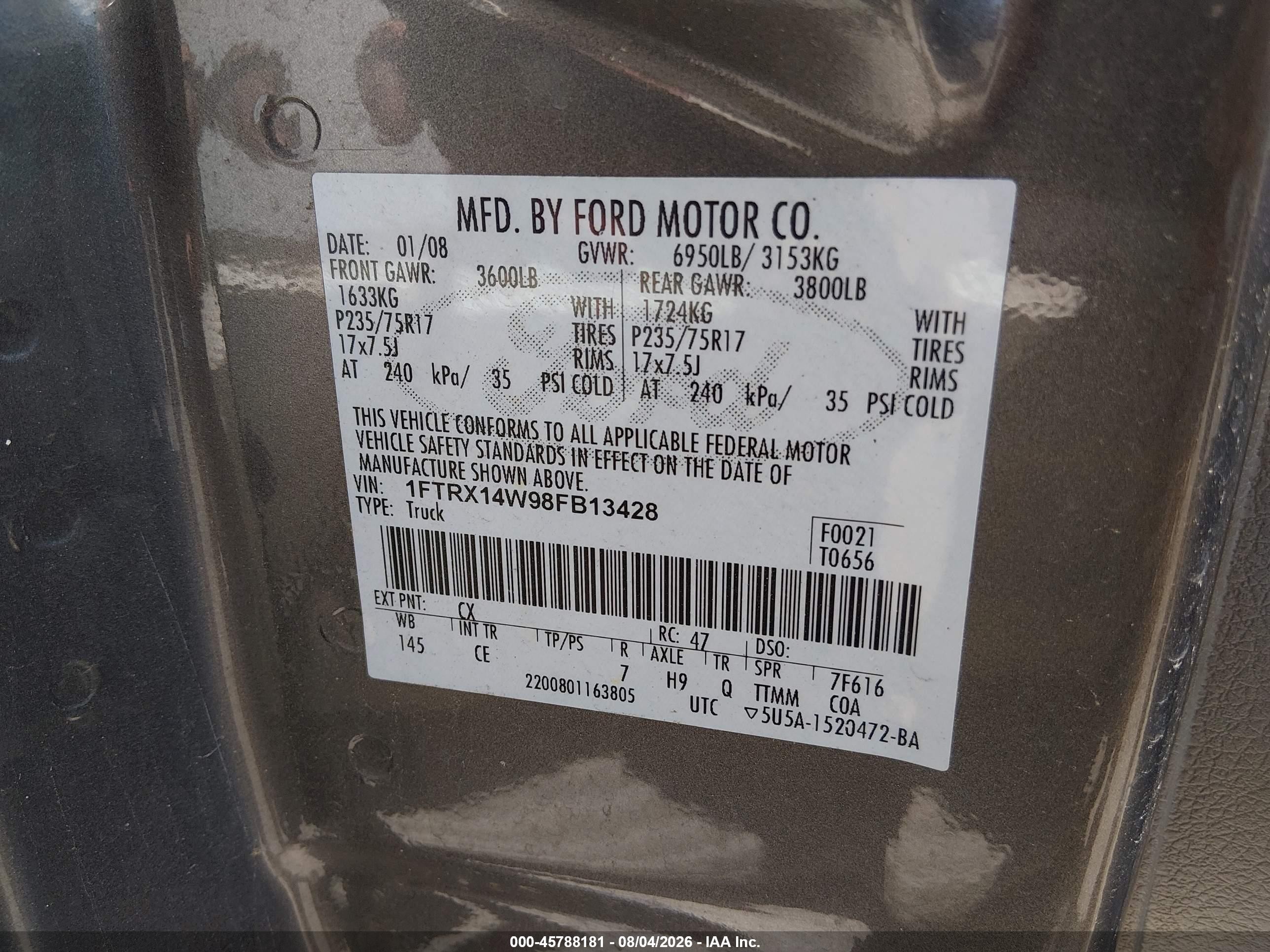 2008 Ford F-150 60th Anniversary/stx/xl/xlt Gray vin: 1FTRX14W98FB13428