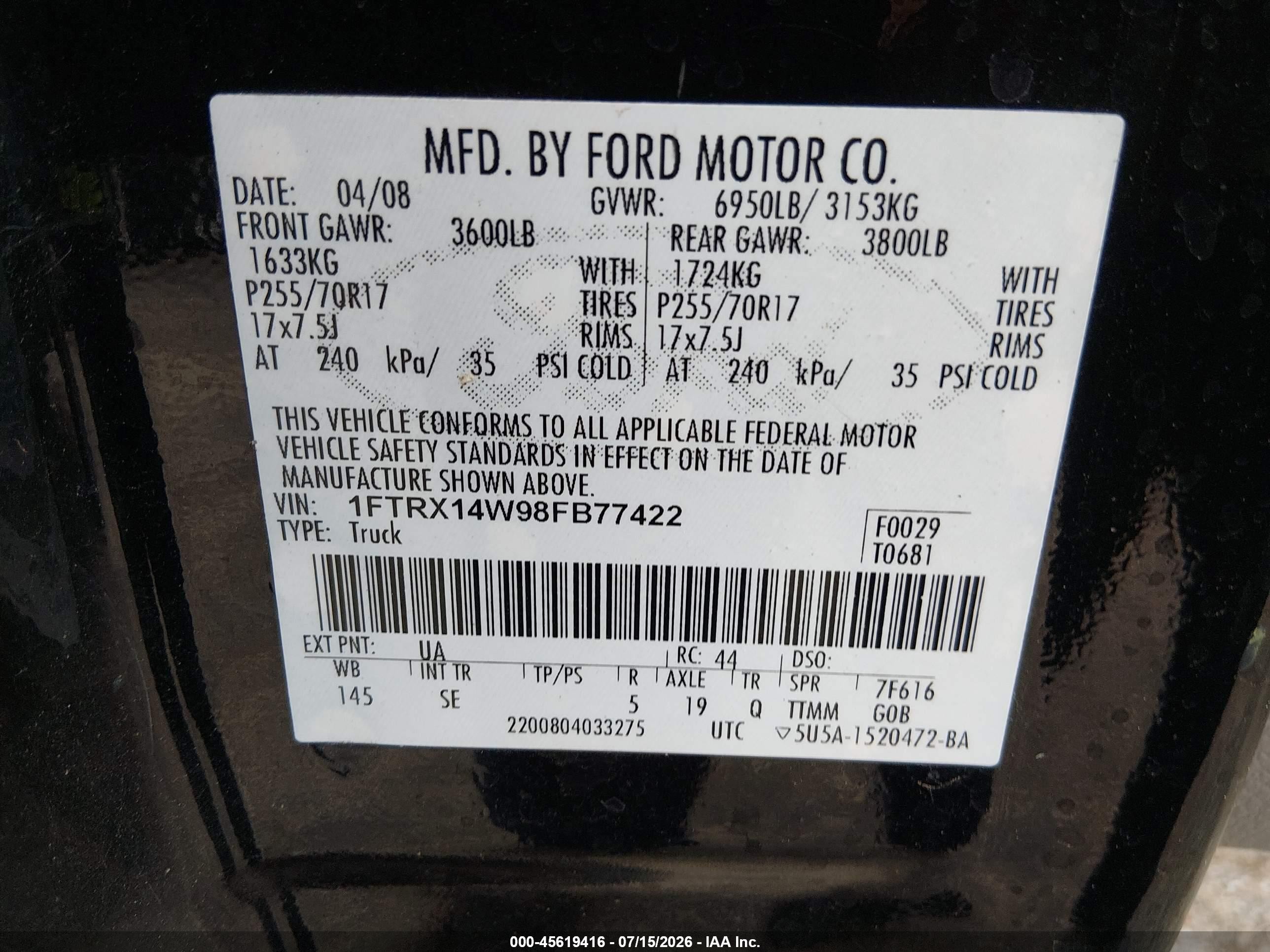 2008 Ford F-150 60th Anniversary/stx/xl/xlt Black vin: 1FTRX14W98FB77422