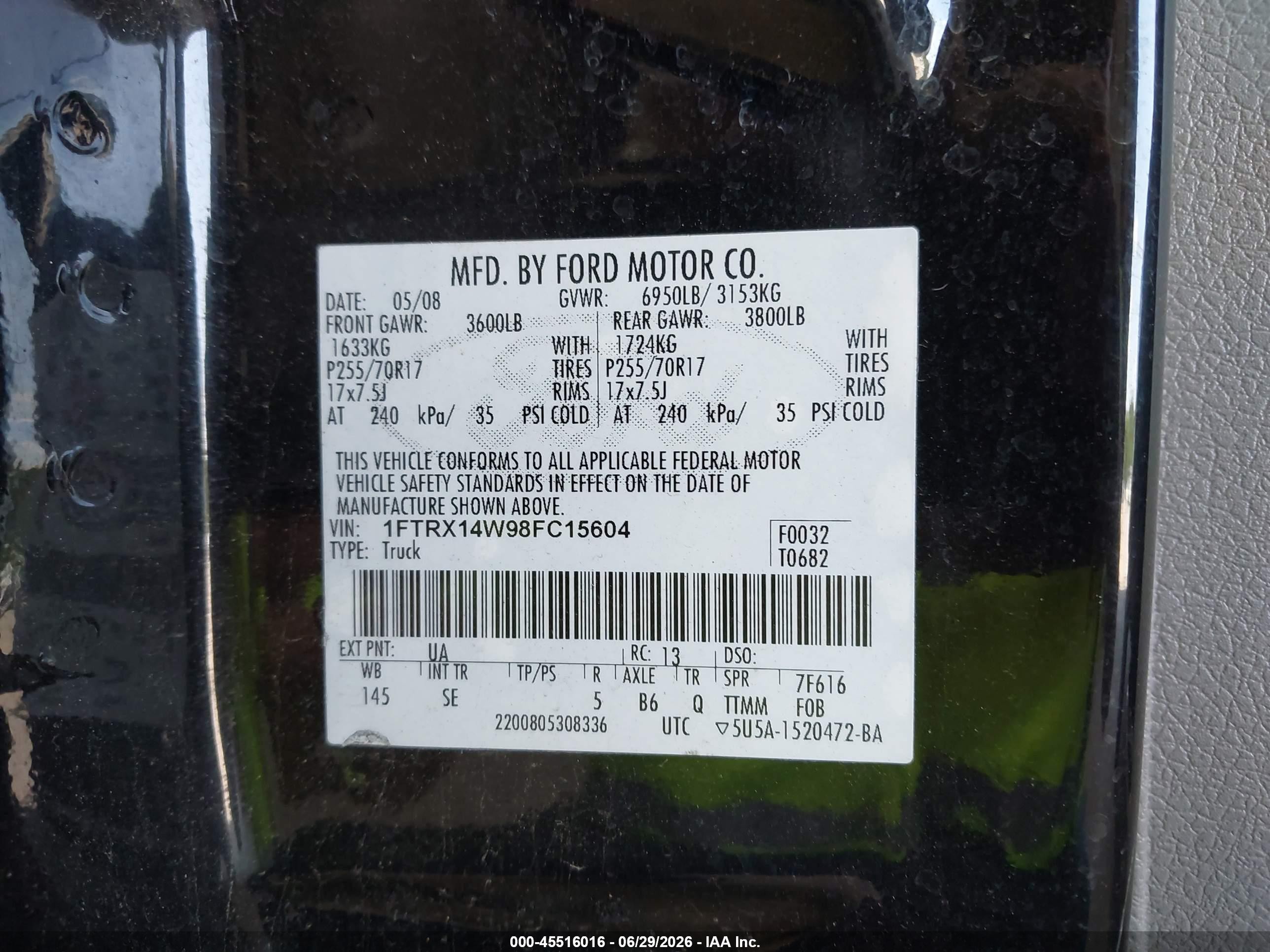 2008 Ford F-150 60th Anniversary/stx/xl/xlt Black vin: 1FTRX14W98FC15604