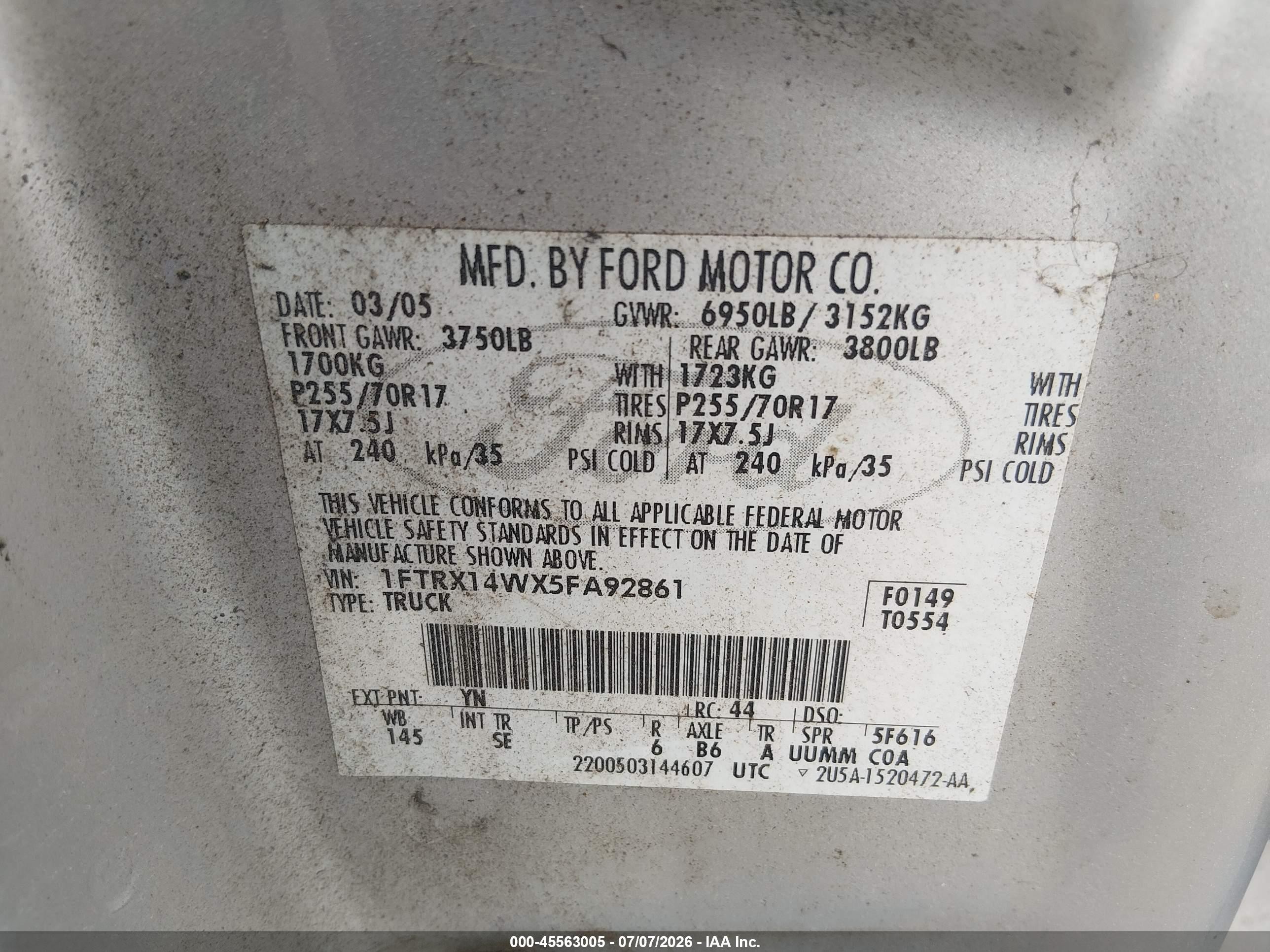 2005 Ford F-150 Stx/xl/xlt Silver vin: 1FTRX14WX5FA92861