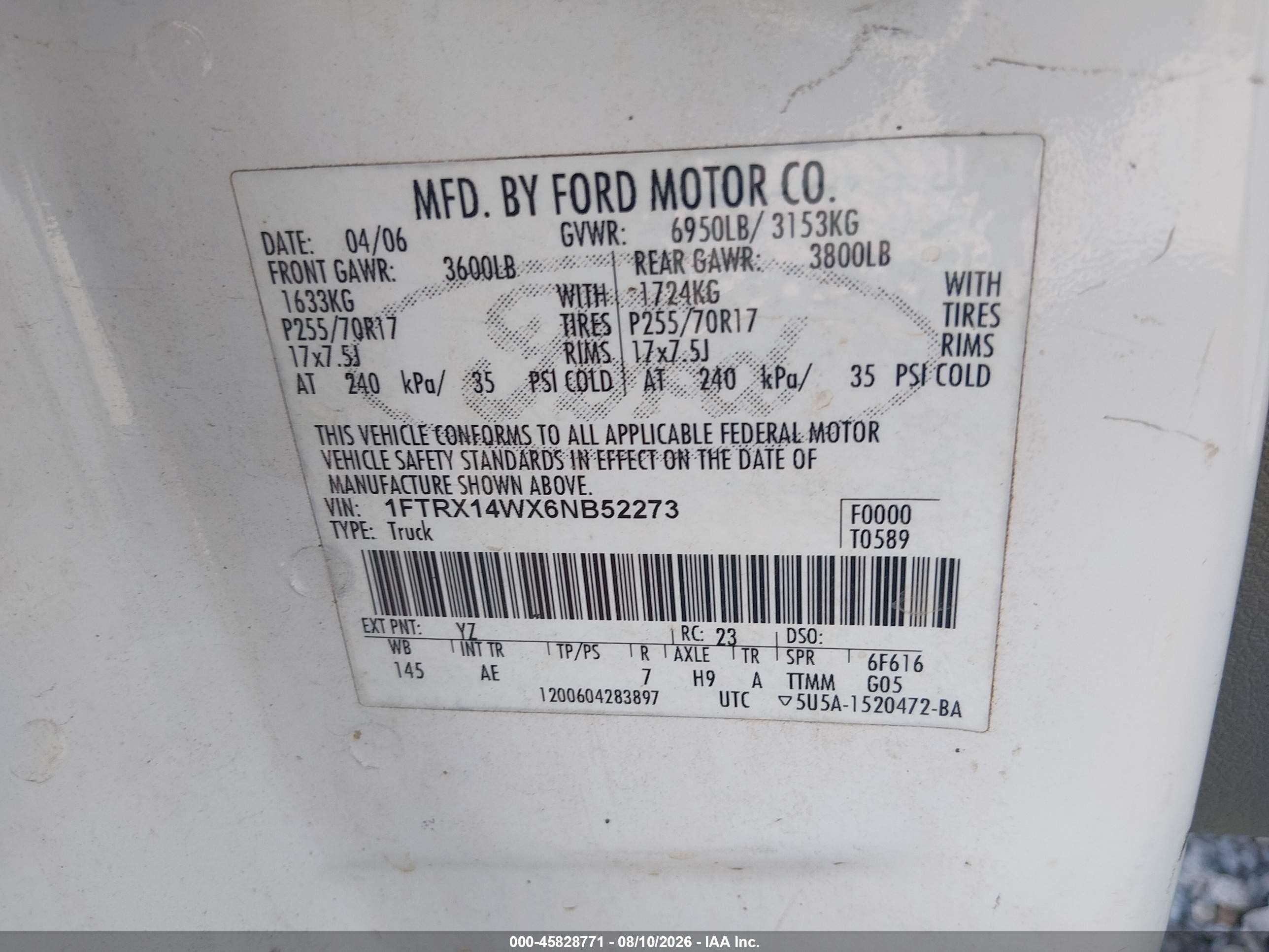 2006 Ford F-150 Stx/xl/xlt White vin: 1FTRX14WX6NB52273