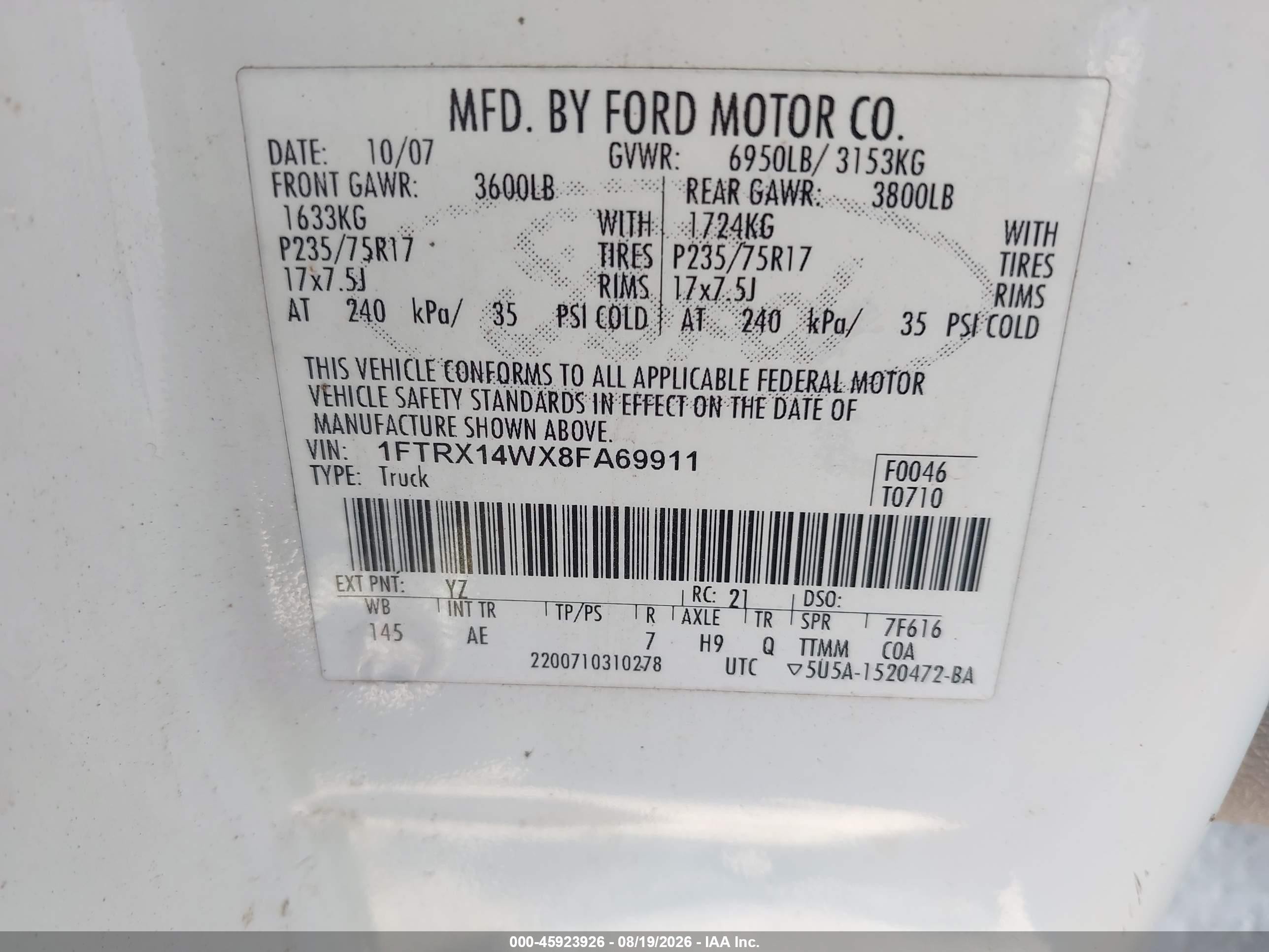 2008 Ford F-150 60th Anniversary/stx/xl/xlt Белый vin: 1FTRX14WX8FA69911