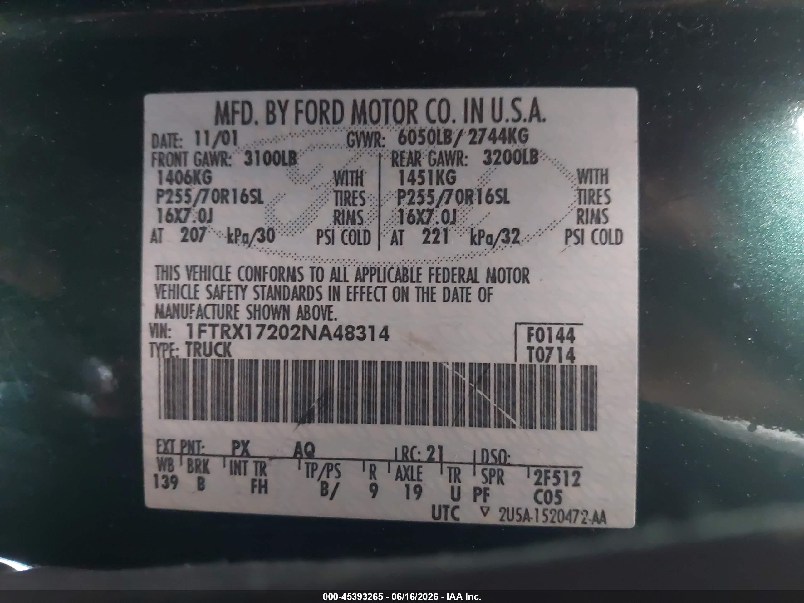2002 Ford F-150 Xl/xlt Green vin: 1FTRX17202NA48314