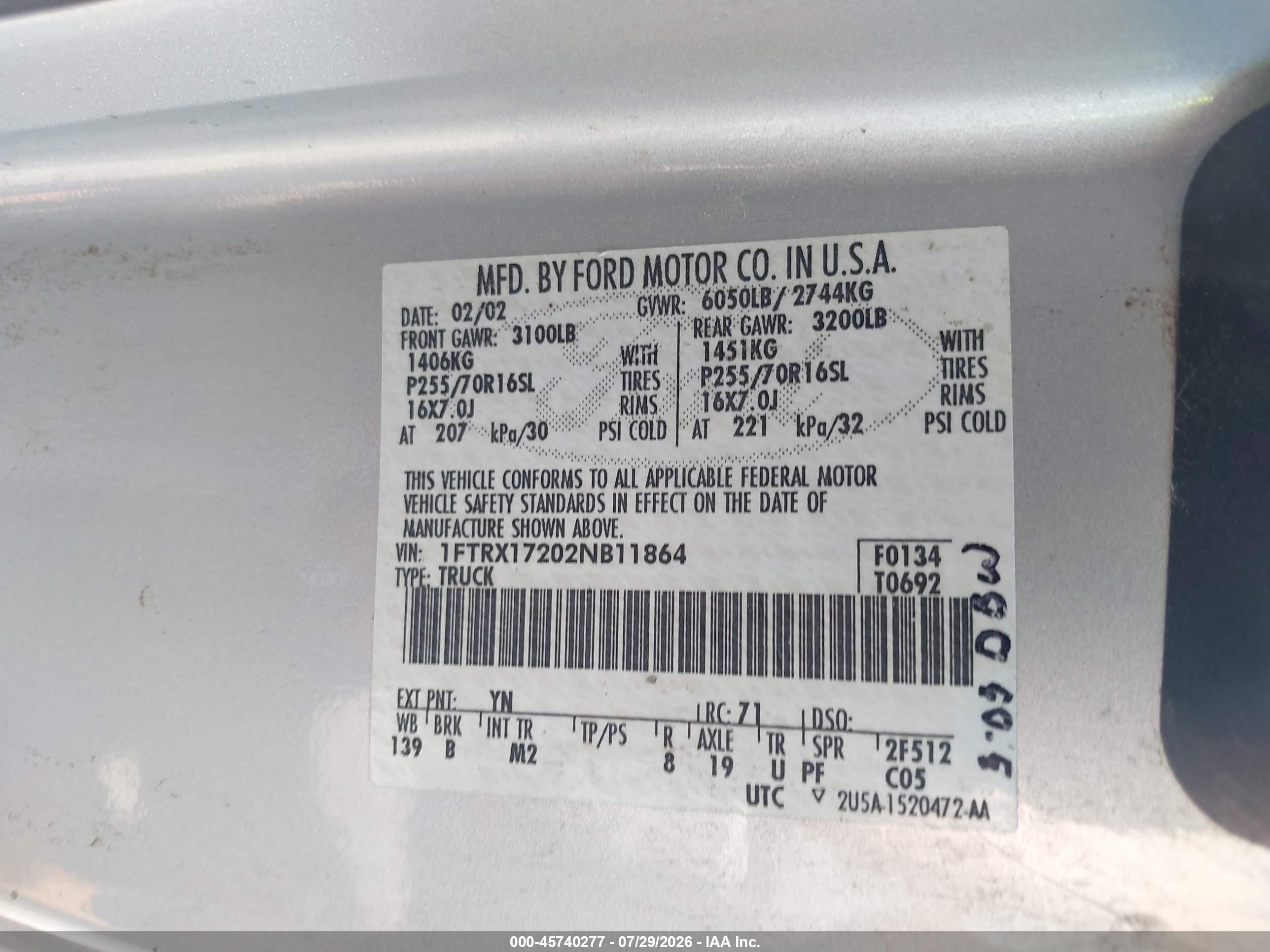 2002 Ford F-150 Xl/xlt Silver vin: 1FTRX17202NB11864