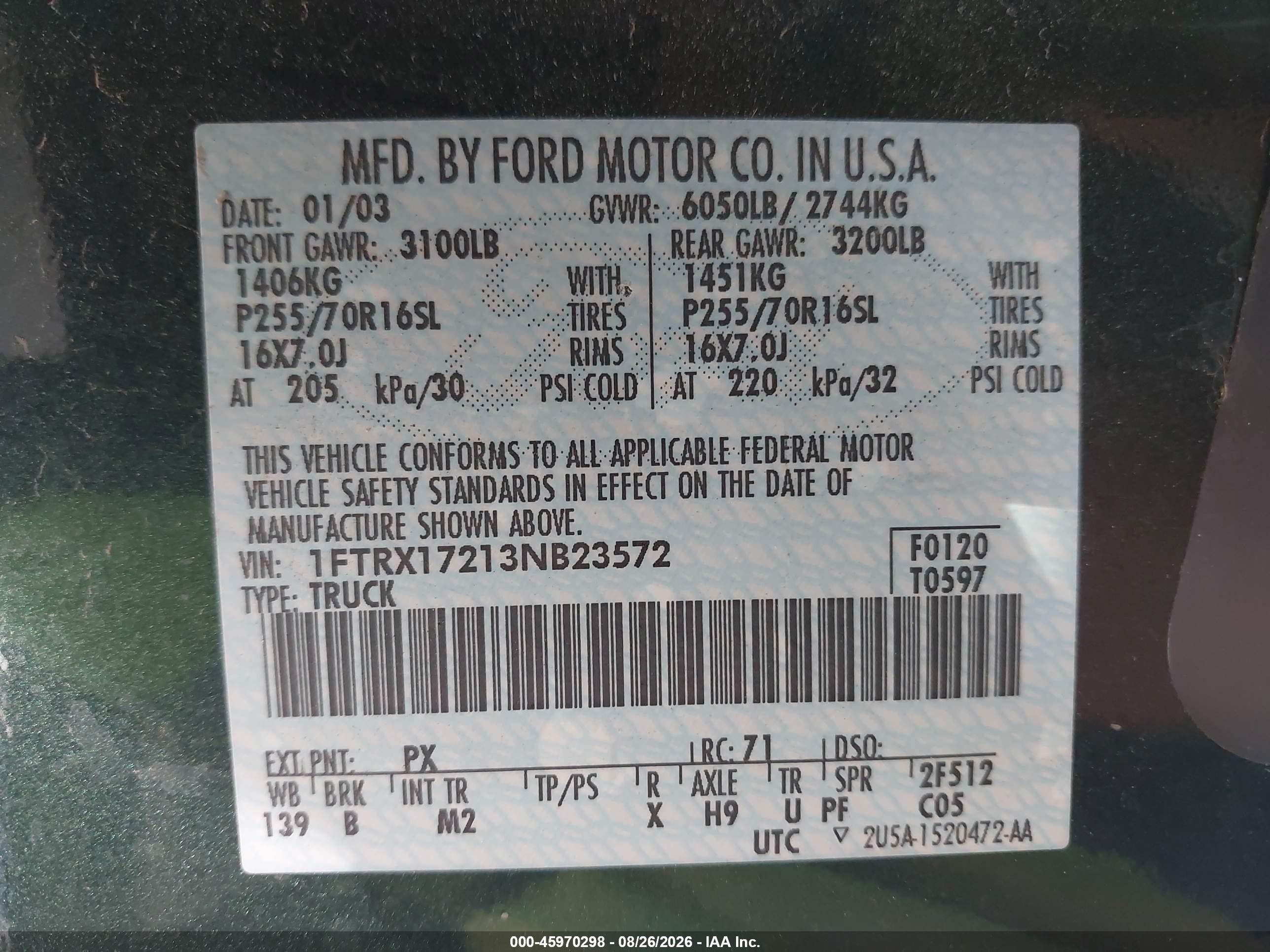 2003 Ford F-150 Xl/xlt Green vin: 1FTRX17213NB23572