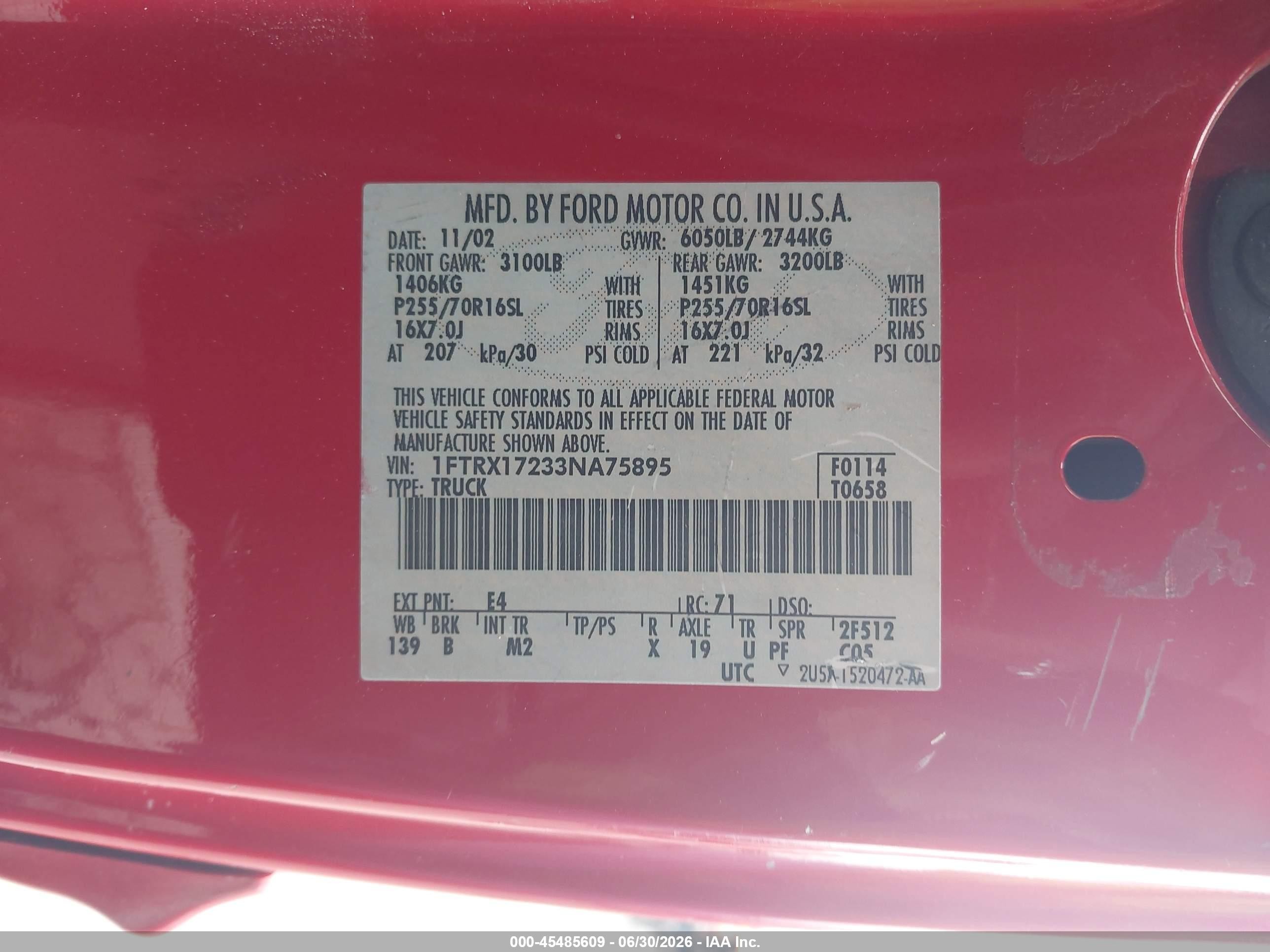 2003 Ford F-150 Xl/xlt Red vin: 1FTRX17233NA75895