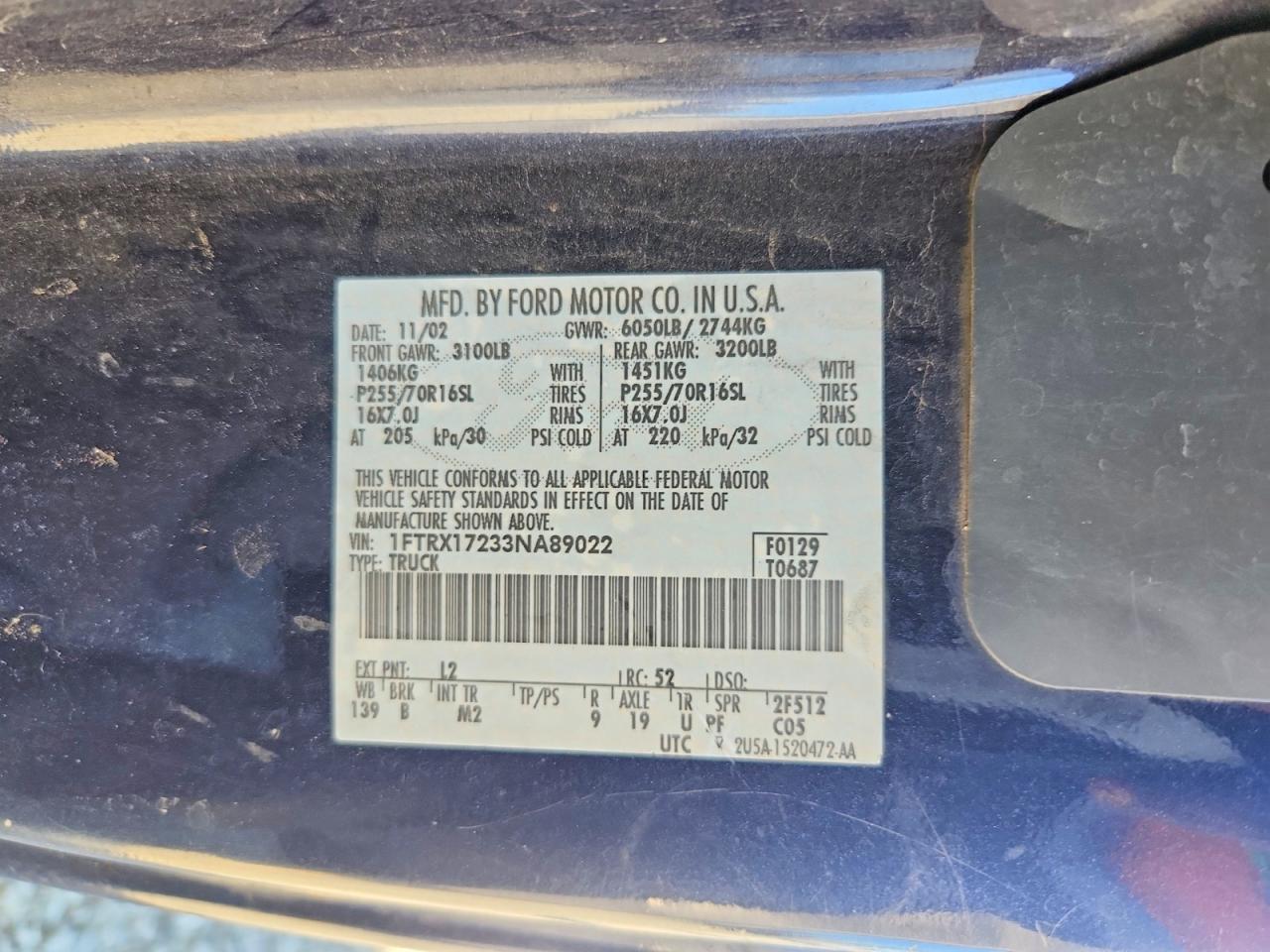2003 Ford F150 Blue vin: 1FTRX17233NA89022