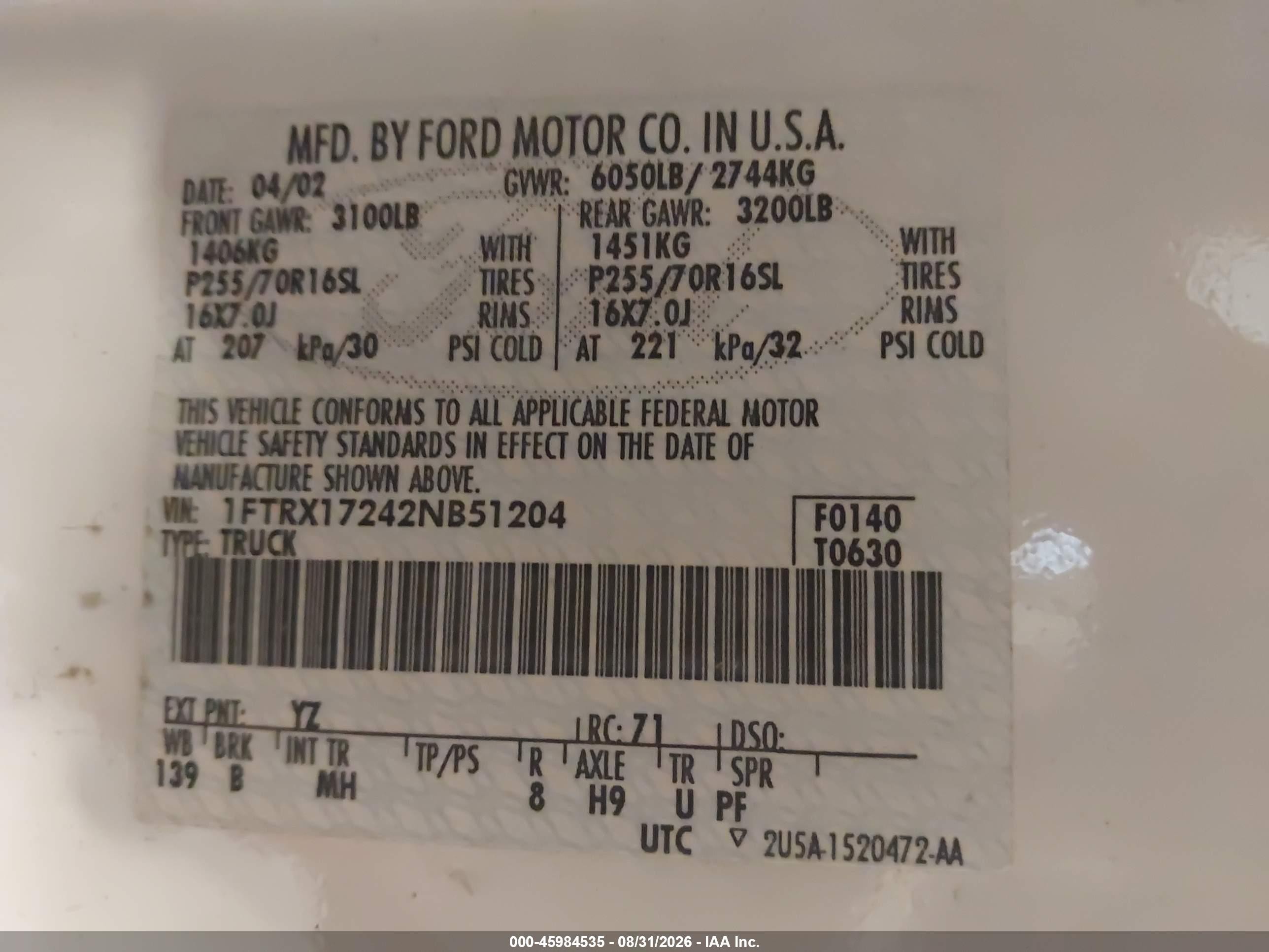 2002 Ford F-150 Xl/xlt Белый vin: 1FTRX17242NB51204