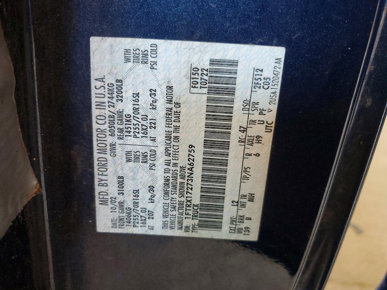 2003 Ford F150 Blue vin: 1FTRX17273NA62759